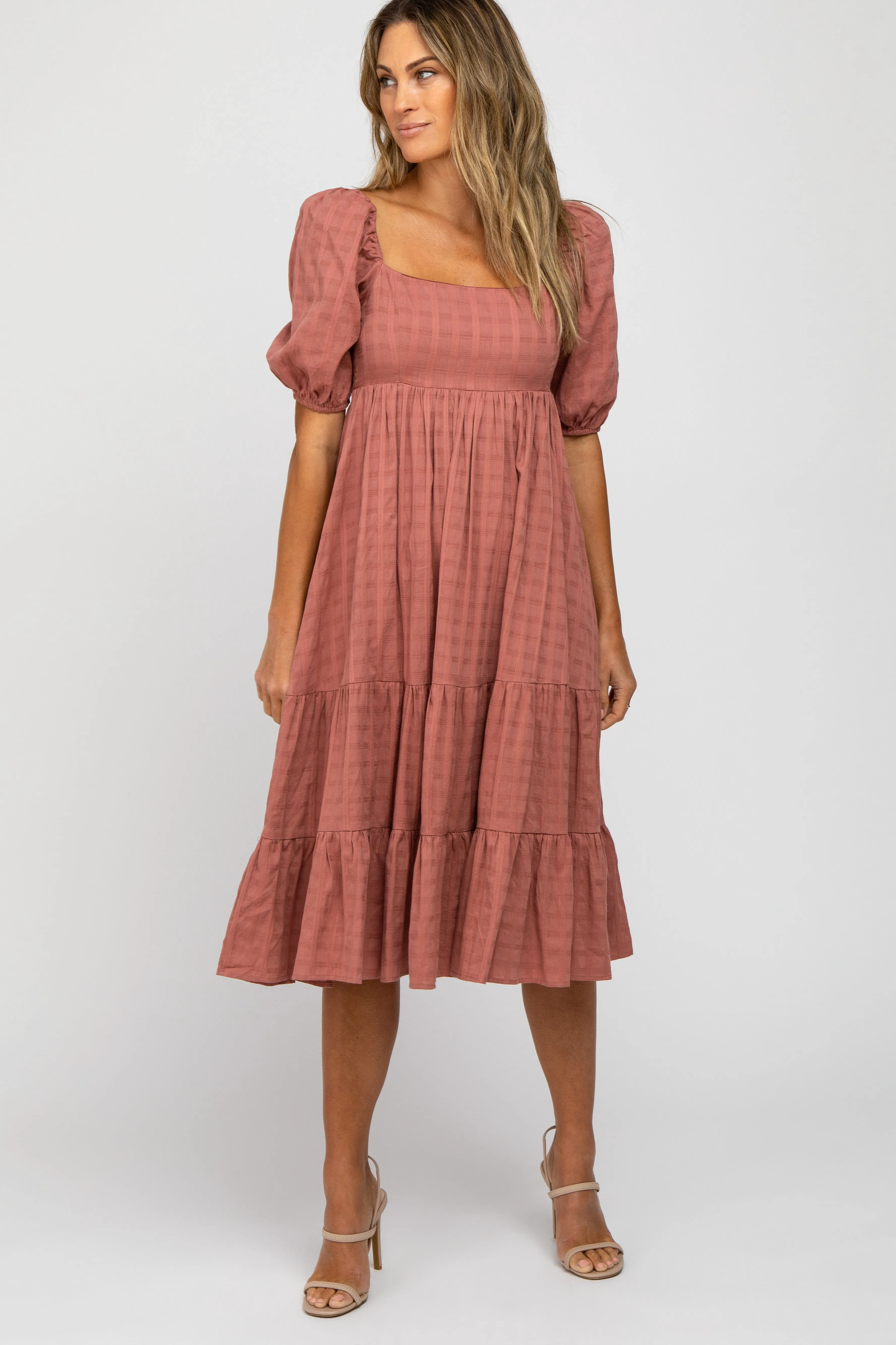 Mauve Plaid Square Neck Maternity Midi Dress sold by Pinkblush product image thumbnail 4