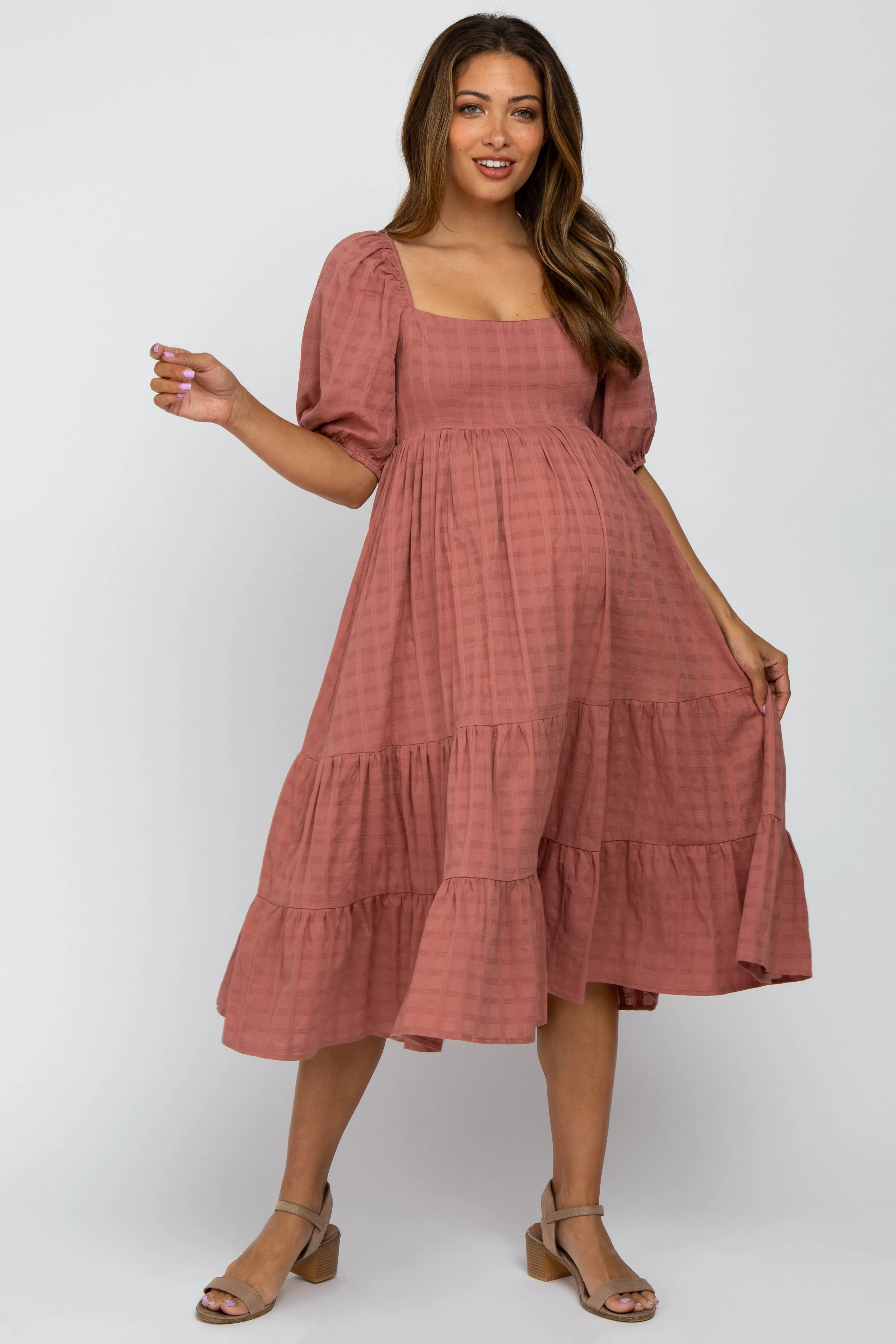 Mauve Plaid Square Neck Maternity Midi Dress sold by Pinkblush