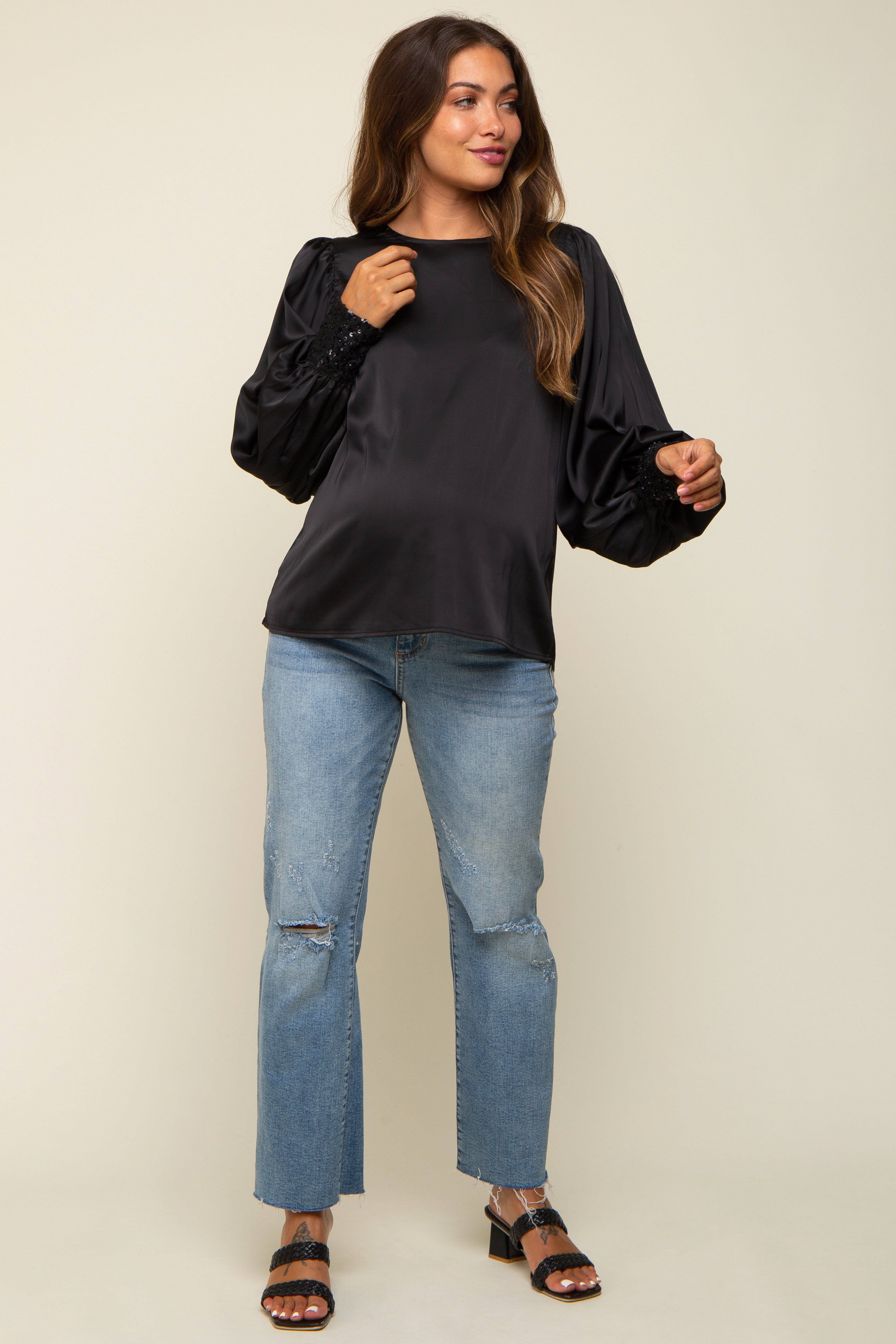 Black Satin Sequin Cuff Maternity Blouse sold by Pinkblush product image thumbnail 5