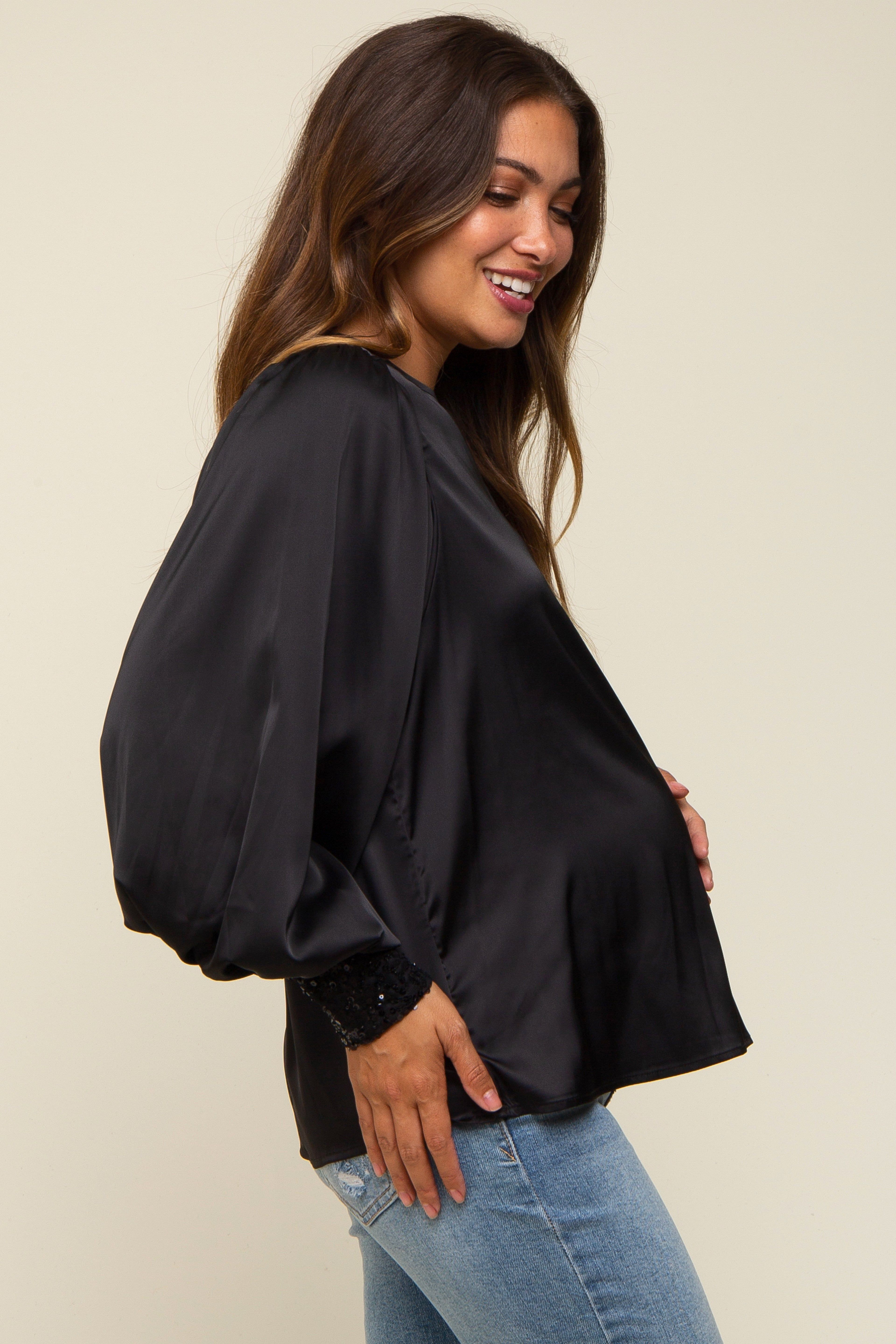 Black Satin Sequin Cuff Maternity Blouse sold by Pinkblush product image thumbnail 2