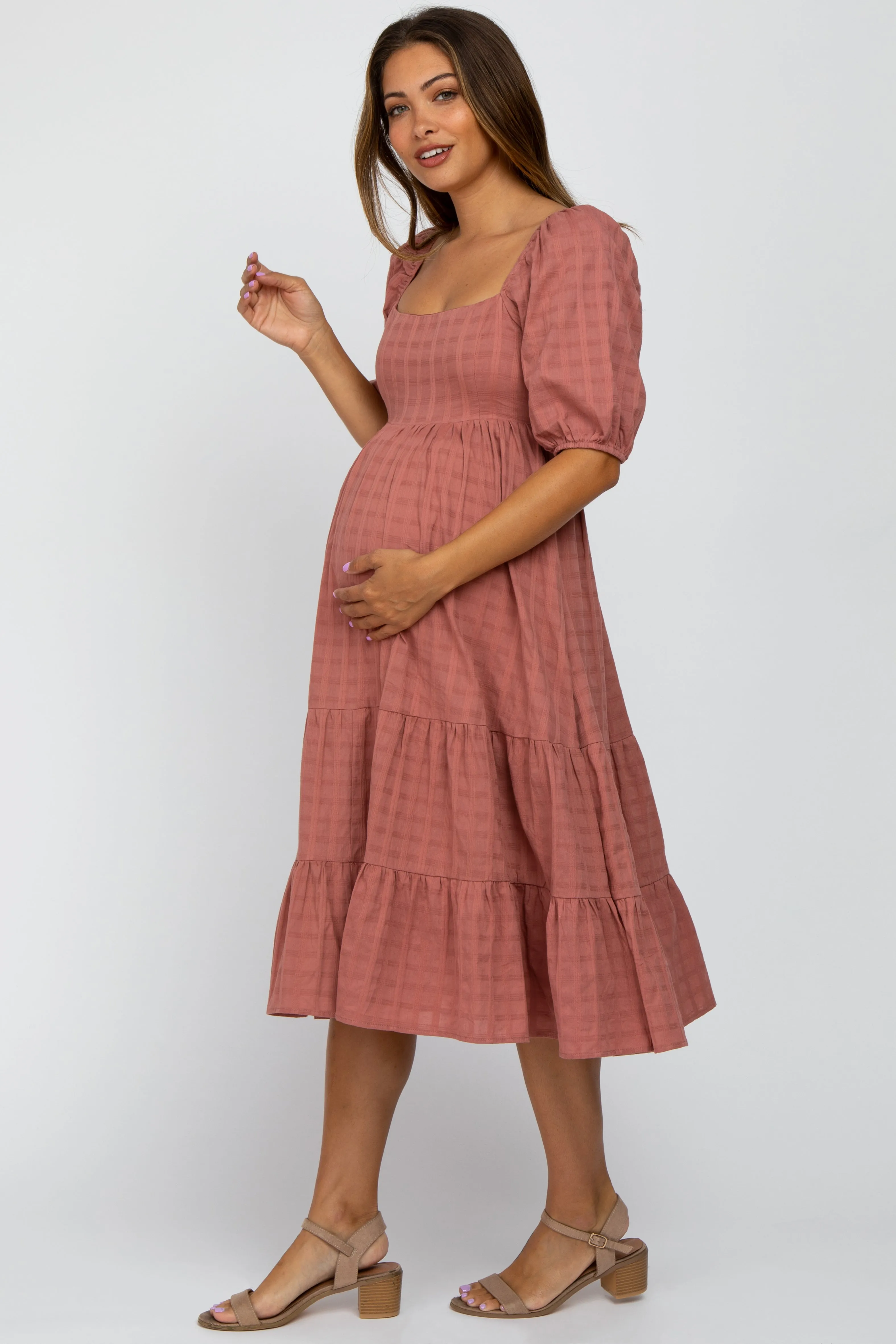 Mauve Plaid Square Neck Maternity Midi Dress sold by Pinkblush product image thumbnail 2