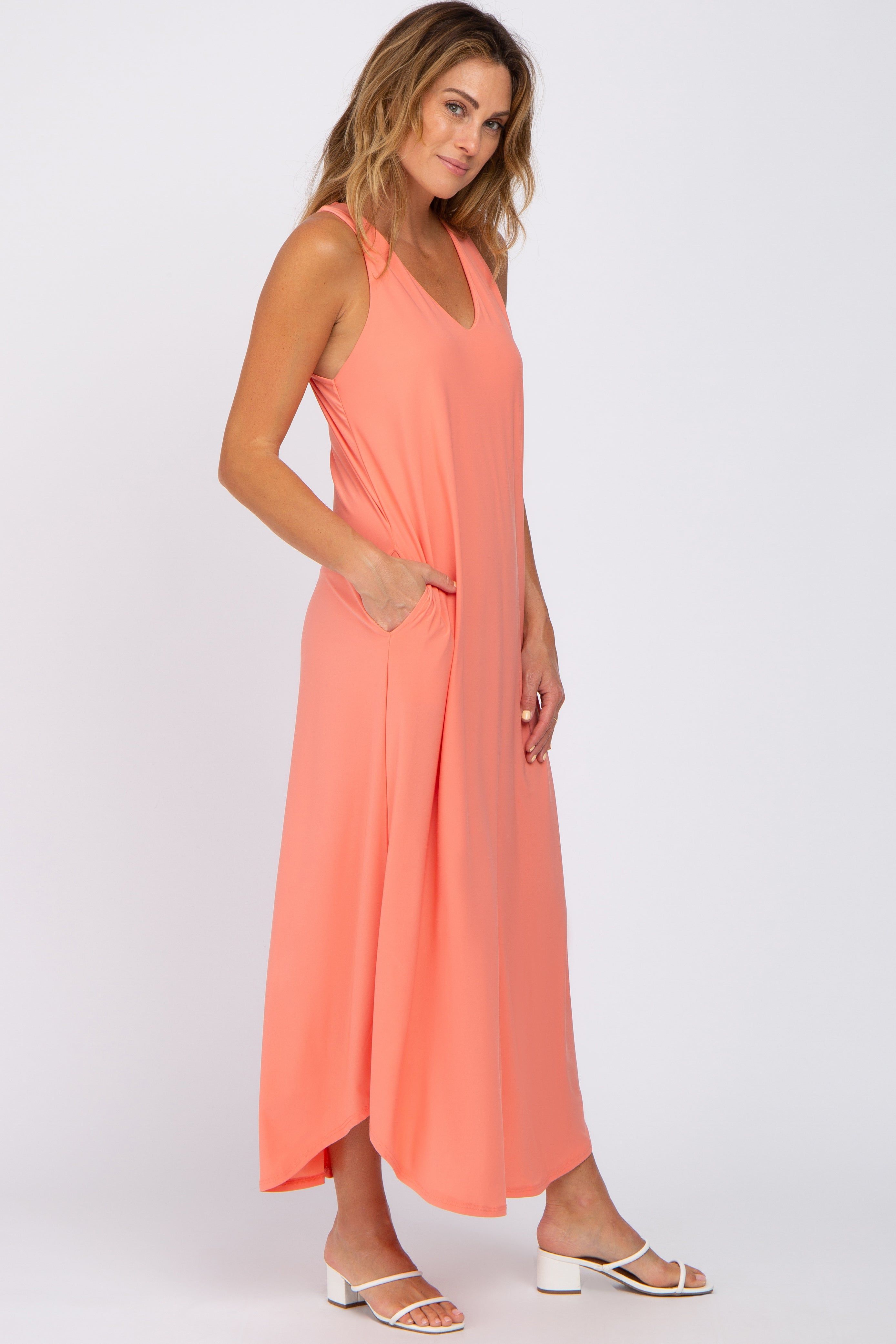 Coral V-Neck Round Hem Midi Dress sold by Pinkblush product image thumbnail 2