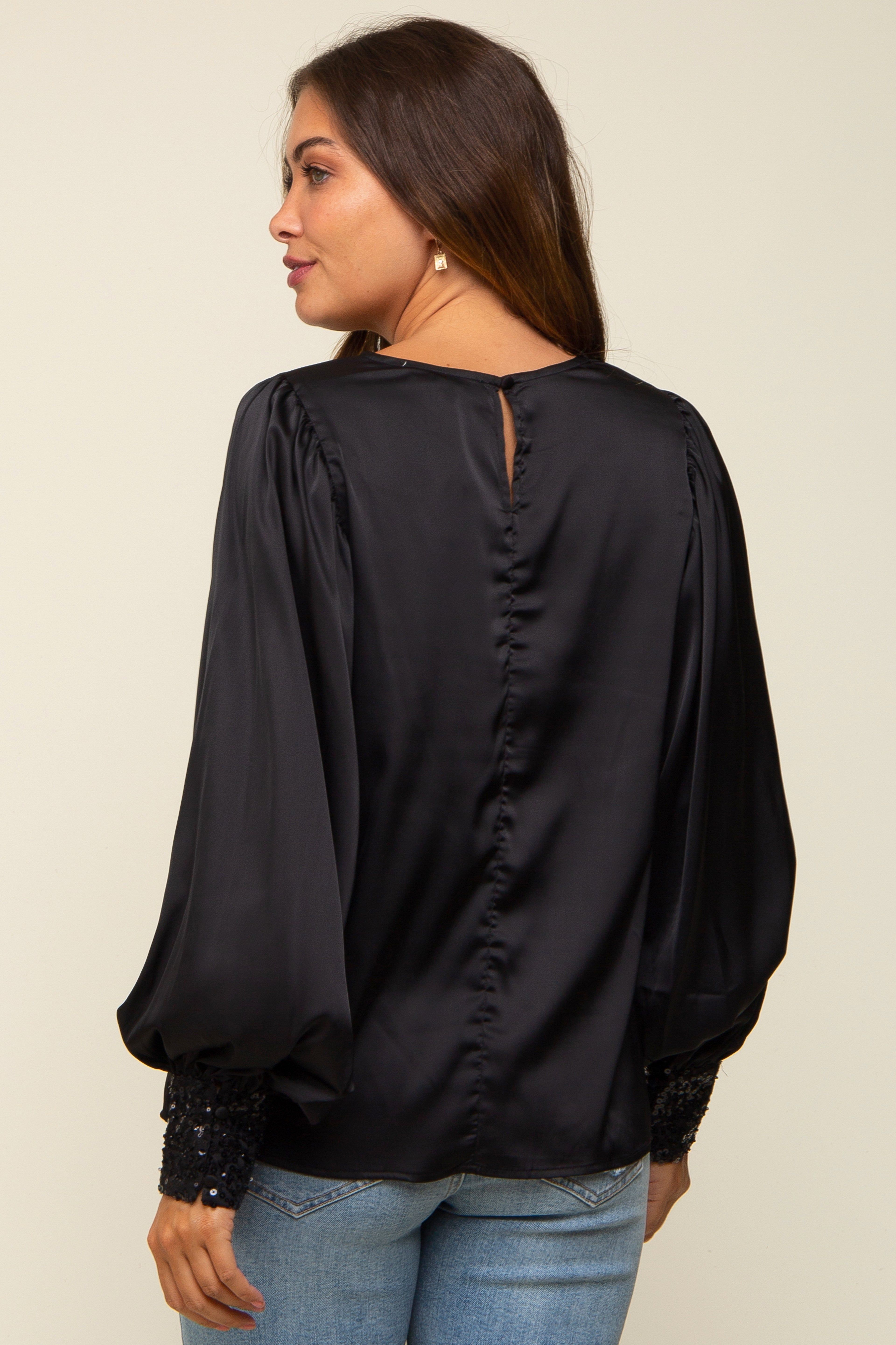 Black Satin Sequin Cuff Maternity Blouse sold by Pinkblush product image thumbnail 3