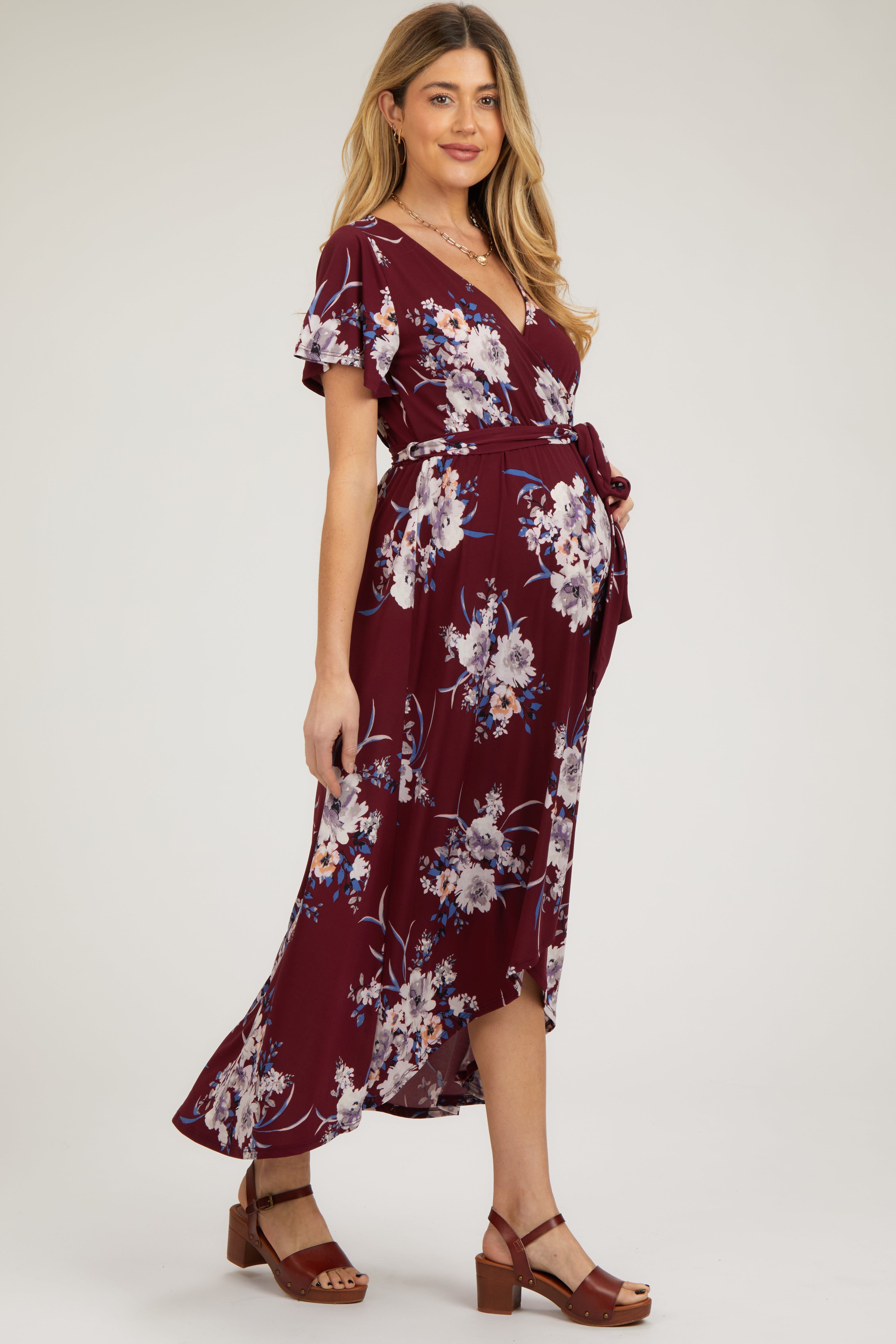 Burgundy Floral Print Wrap Front V-Neck Hi-Low Maternity Midi Dress sold by Pinkblush product image thumbnail 2