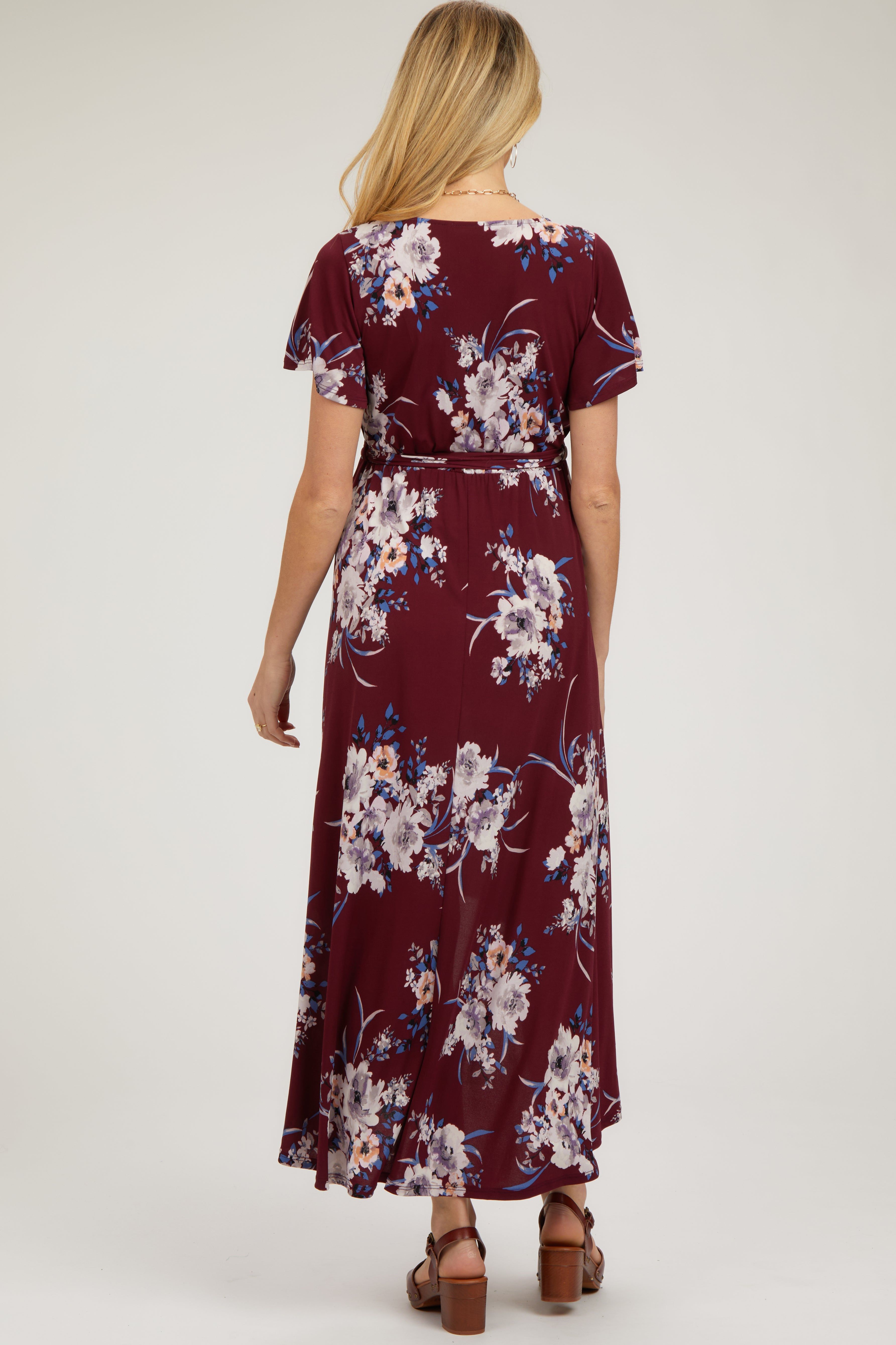 Burgundy Floral Print Wrap Front V-Neck Hi-Low Maternity Midi Dress sold by Pinkblush product image thumbnail 3