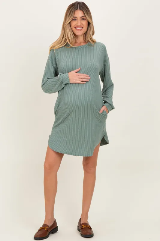 Light Olive Rib Knit Long Sleeve Maternity Dress sold by Pinkblush