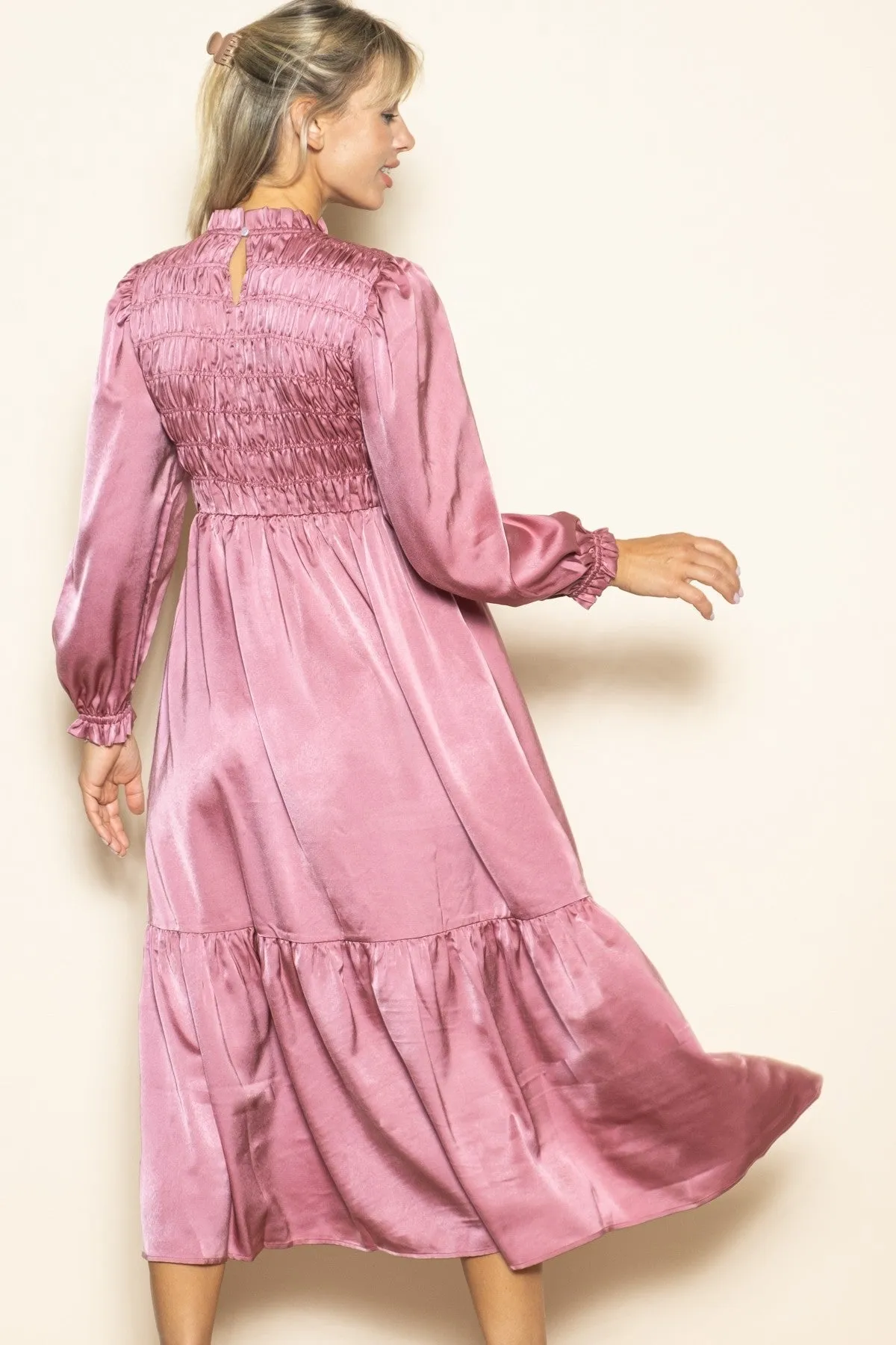 Mauve Mock Neck Satin Smocked Chest Dress sold by Pinkblush product image thumbnail 3