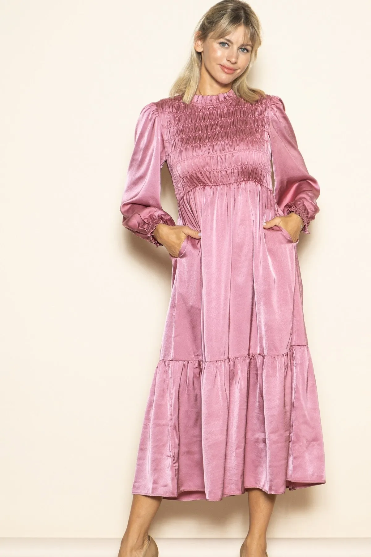 Mauve Mock Neck Satin Smocked Chest Dress sold by Pinkblush product image thumbnail 2
