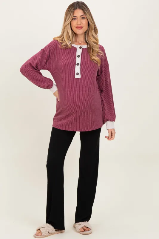 Burgundy Long Sleeve Contrast Button Detail Rib Maternity Top sold by Pinkblush