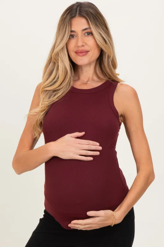 Burgundy Ribbed Basic Crew Neck Maternity Tank sold by Pinkblush