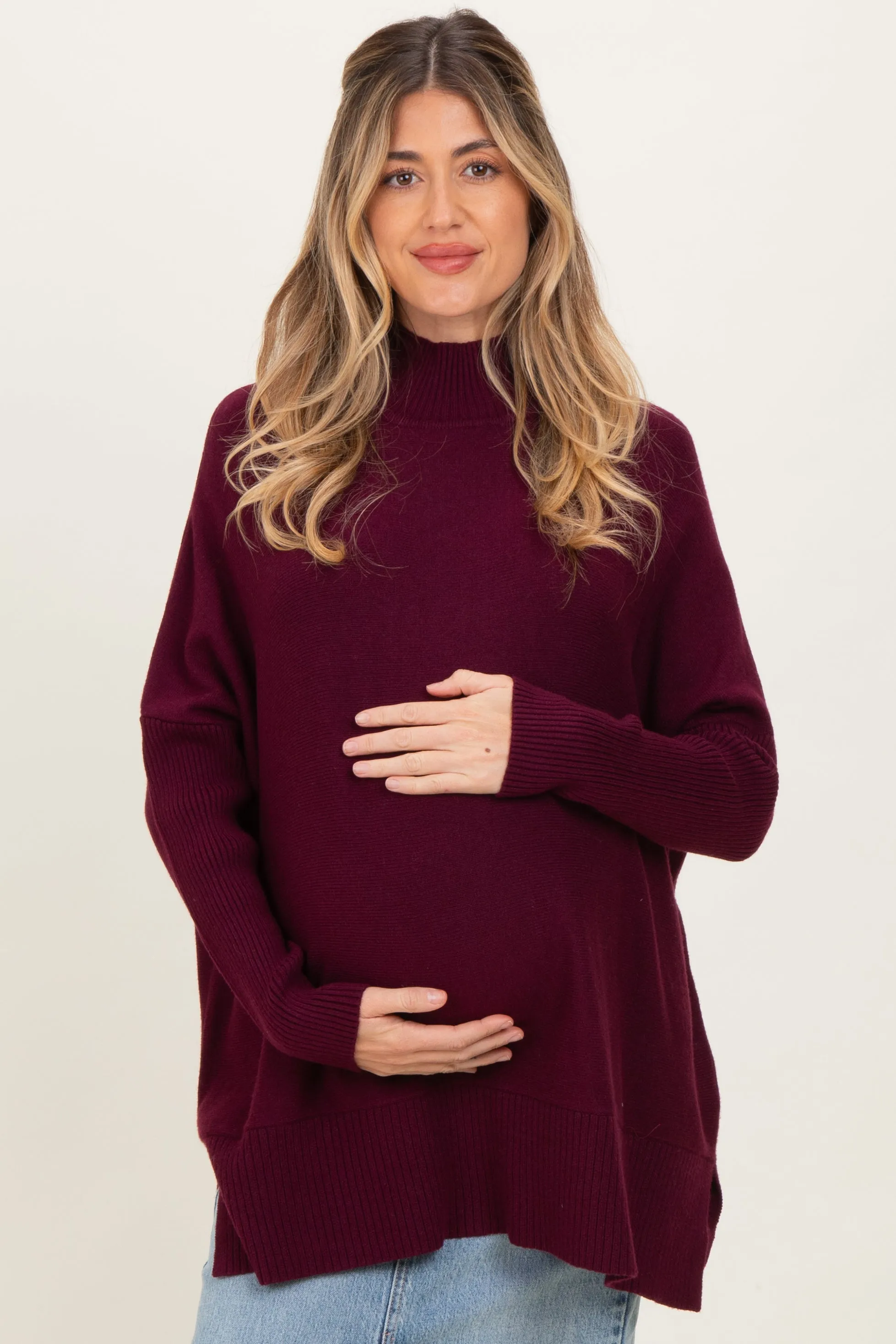 Burgundy Mock Neck Oversized Sir Slit Maternity Sweater Top sold by Pinkblush product image thumbnail 2