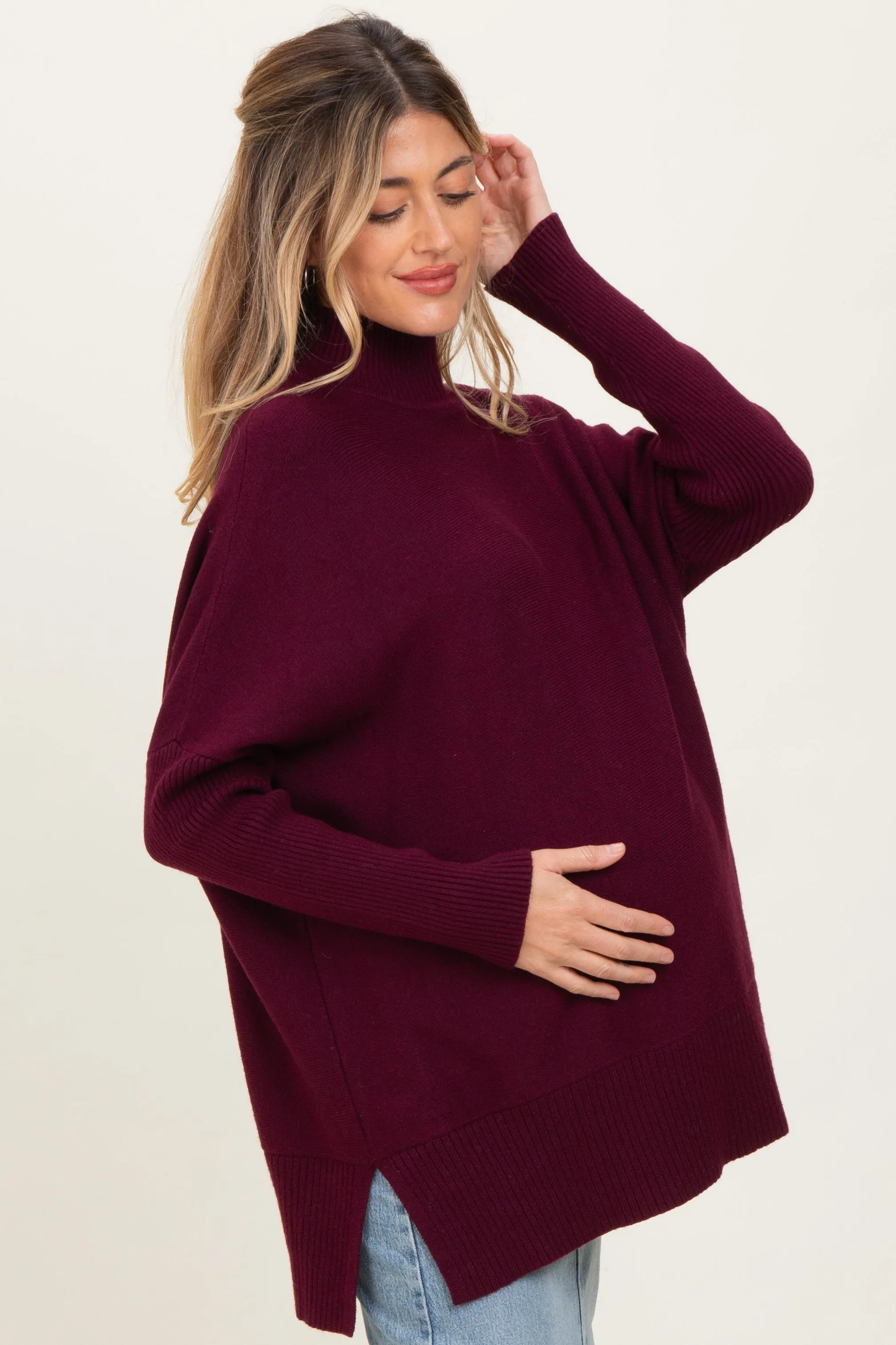 Burgundy Mock Neck Oversized Sir Slit Maternity Sweater Top sold by Pinkblush product image thumbnail 3