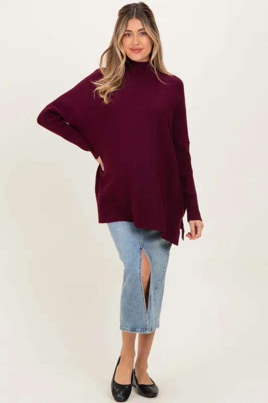 Burgundy Mock Neck Oversized Sir Slit Maternity Sweater Top sold by Pinkblush