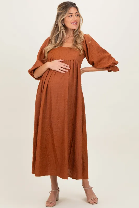Rust Textured 3/4 Puff Sleeve Maternity Maxi Dress sold by Pinkblush