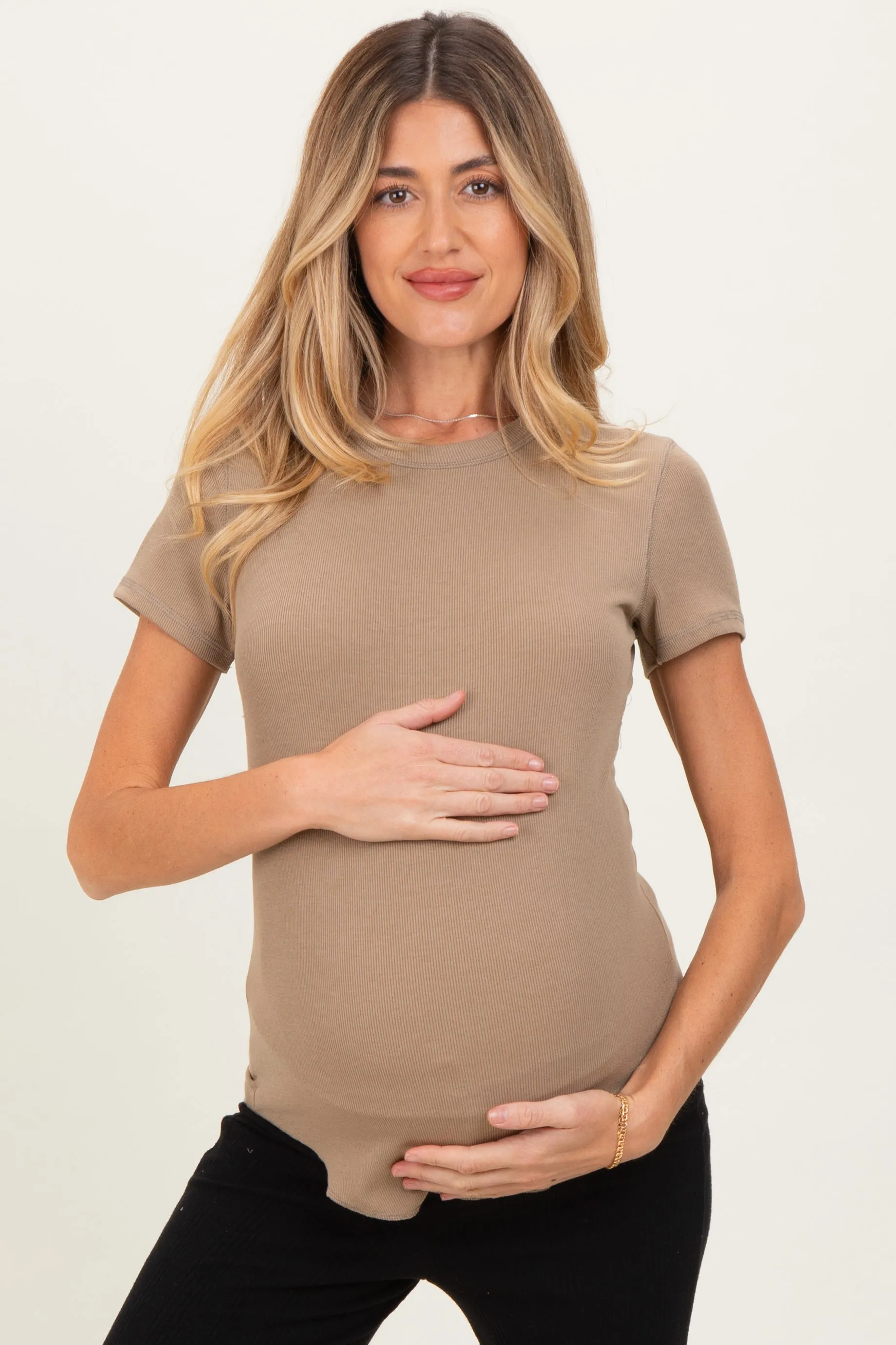 Mocha Ribbed Short Sleeve Curved Hem Maternity Top sold by Pinkblush