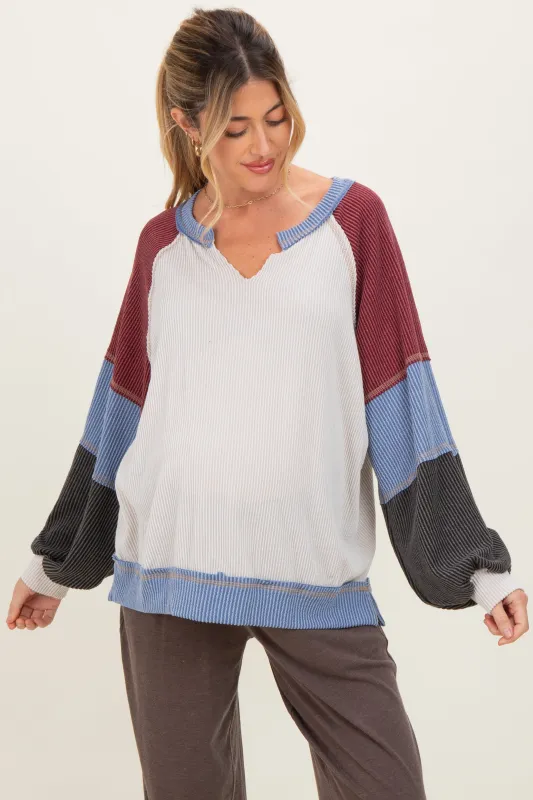 Burgundy Color Block Long Sleeve V-Neck Maternity Top sold by Pinkblush