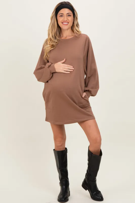 Mocha Bubble Sleeve Maternity Sweatshirt Mini Dress sold by Pinkblush