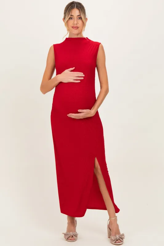Red Glitter Ruched Side Slit Maternity Midi Dress sold by Pinkblush