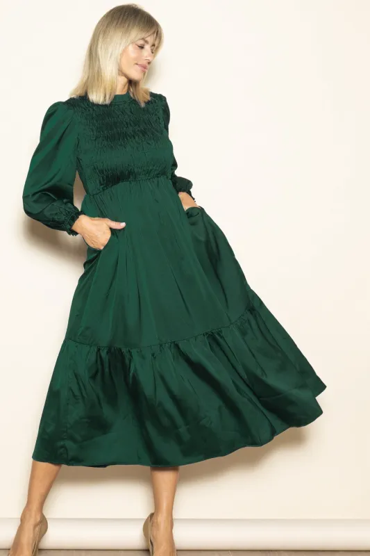 Forest Green Mock Neck Satin Smocked Chest Dress sold by Pinkblush