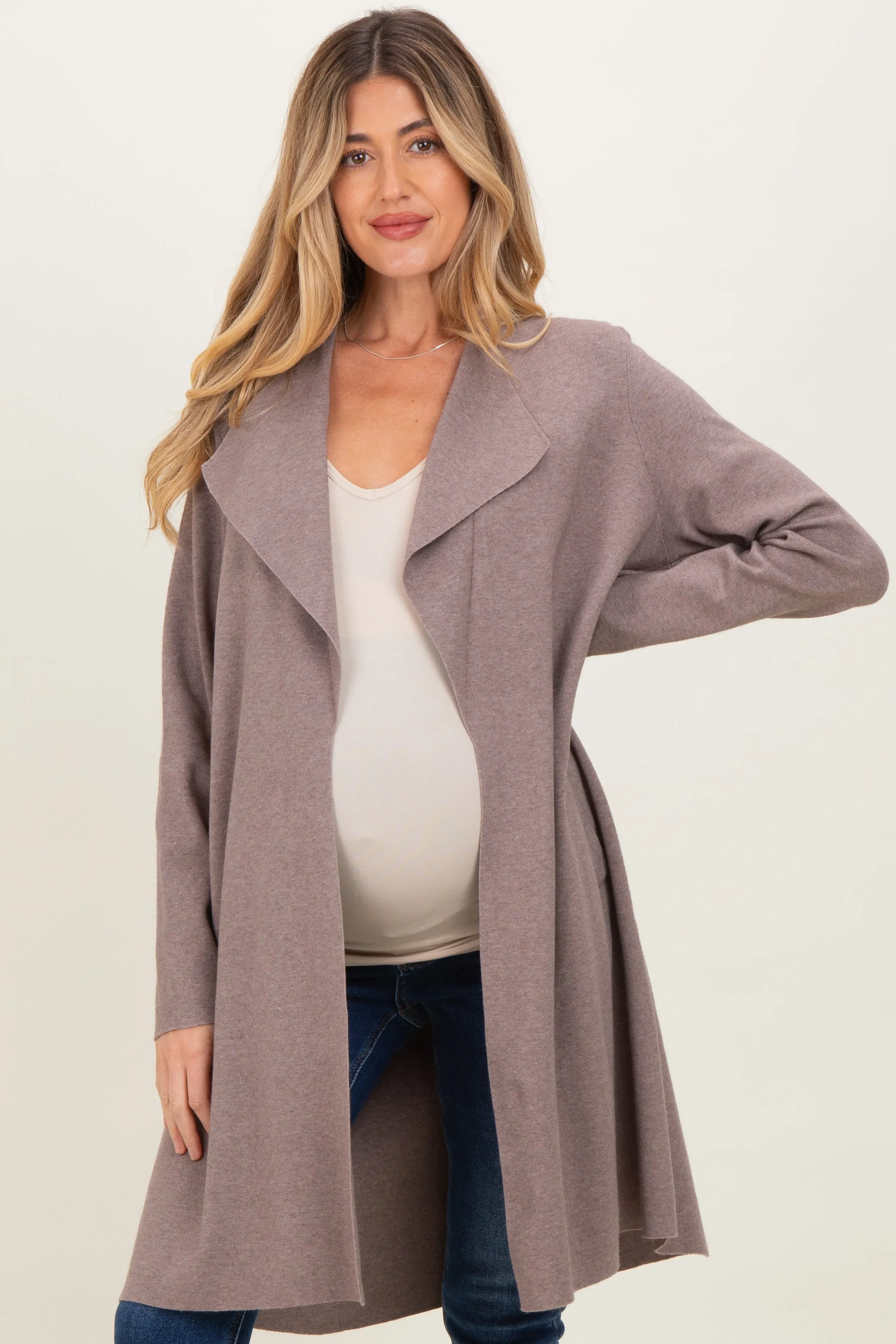 Mocha Knit Open Front Long Maternity Cardigan sold by Pinkblush product image thumbnail 2