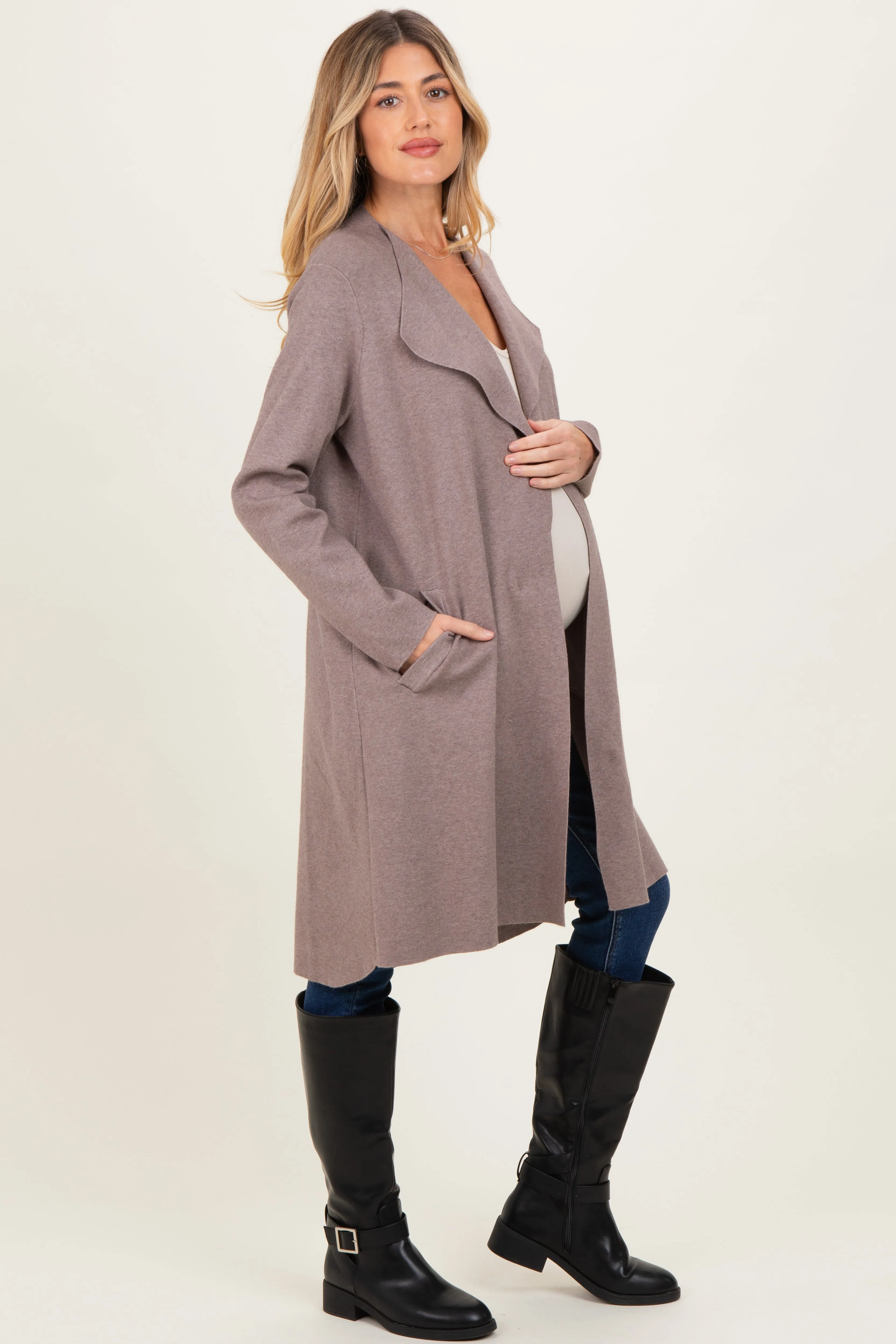 Mocha Knit Open Front Long Maternity Cardigan sold by Pinkblush product image thumbnail 3