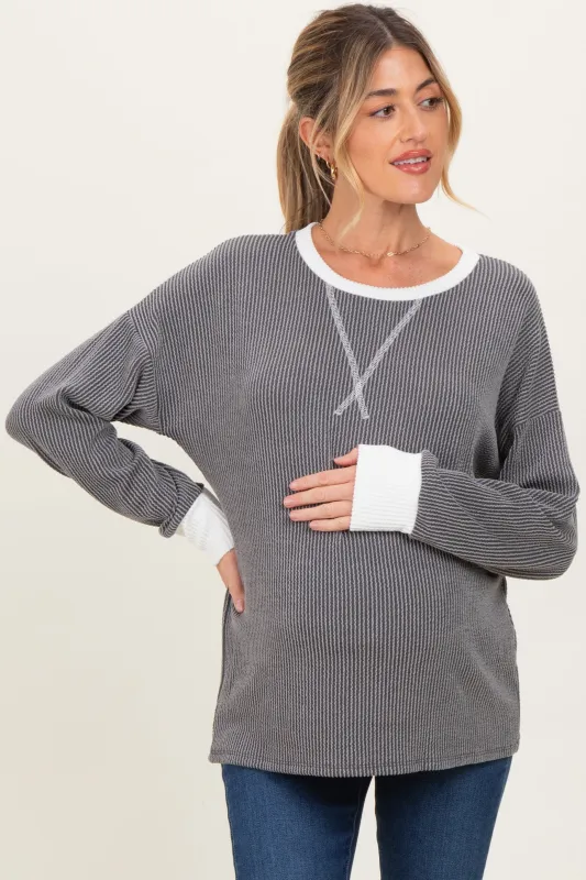 Charcoal Textured Rib Relaxed Fit Maternity Pullover Top sold by Pinkblush
