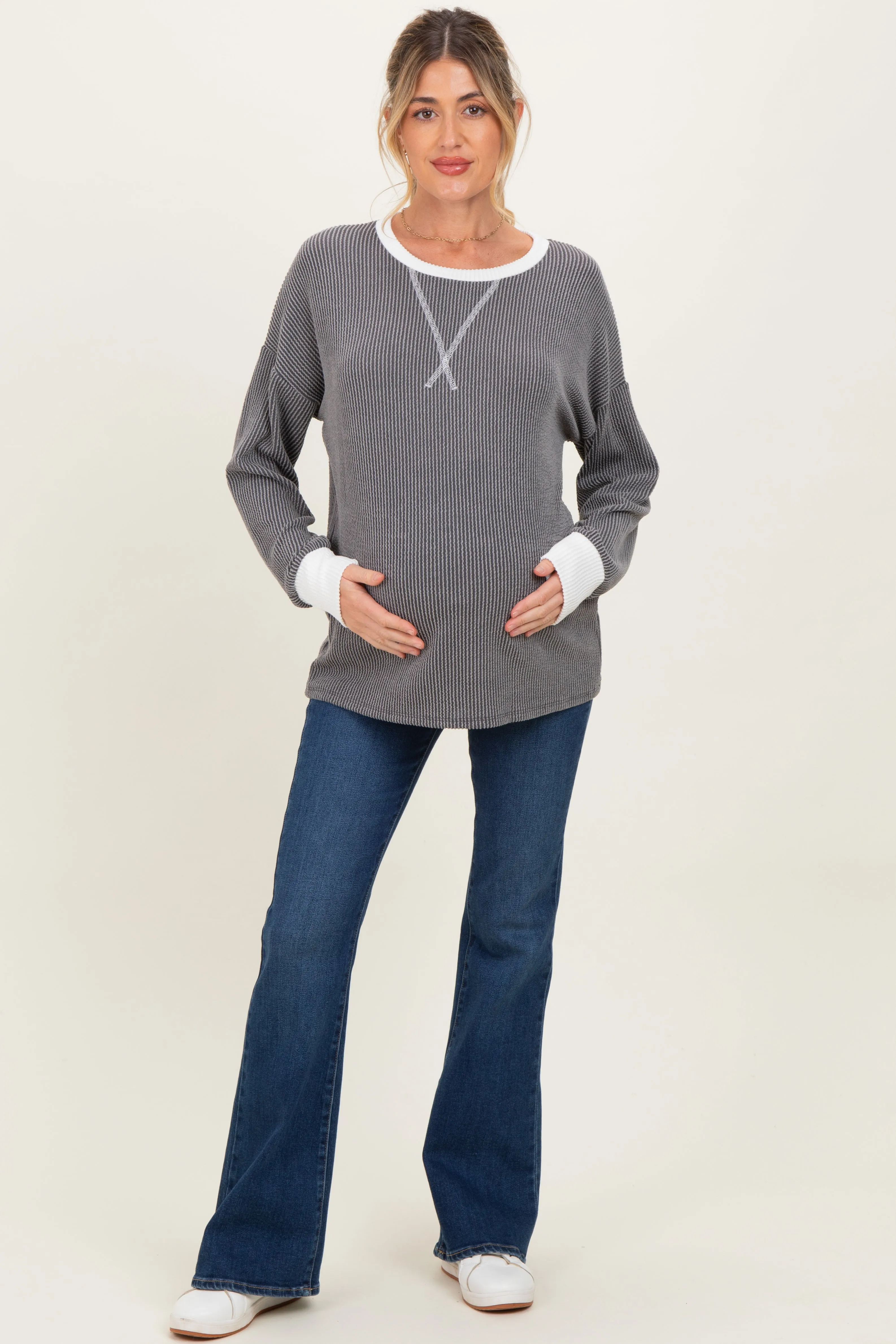 Charcoal Textured Rib Relaxed Fit Maternity Pullover Top sold by Pinkblush product image thumbnail 2