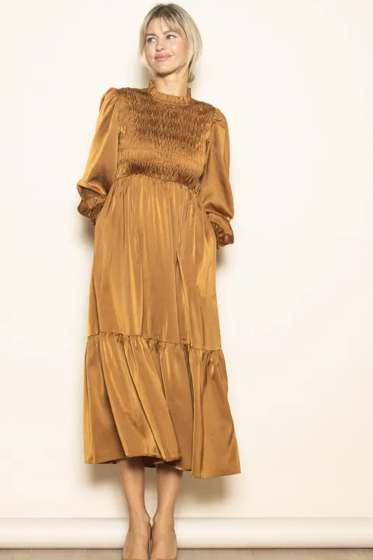 Mocha Mock Neck Satin Smocked Chest Dress sold by Pinkblush