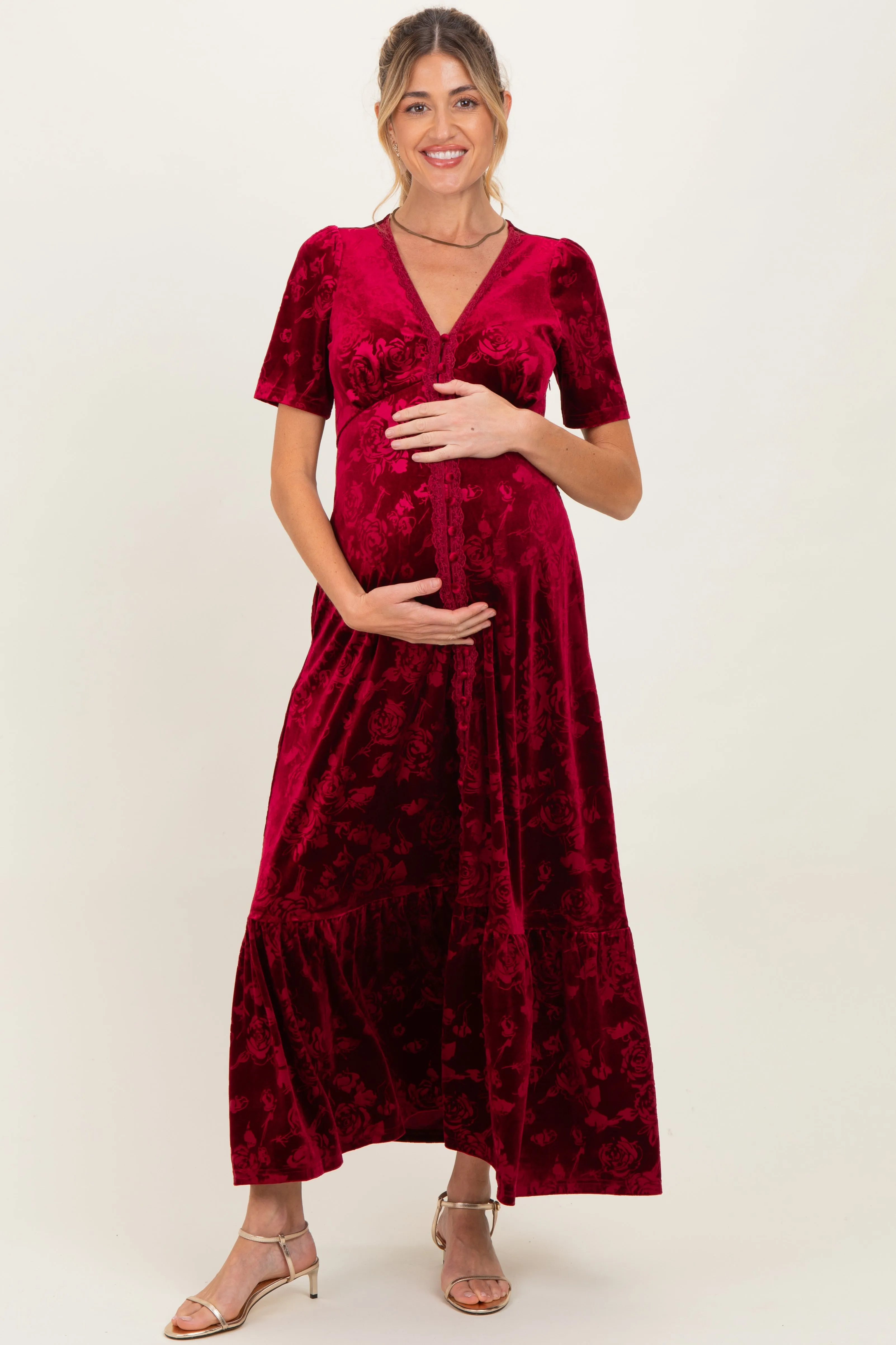 Burgundy Velvet Floral Button Down Maternity Maxi Dress sold by Pinkblush product image thumbnail 2