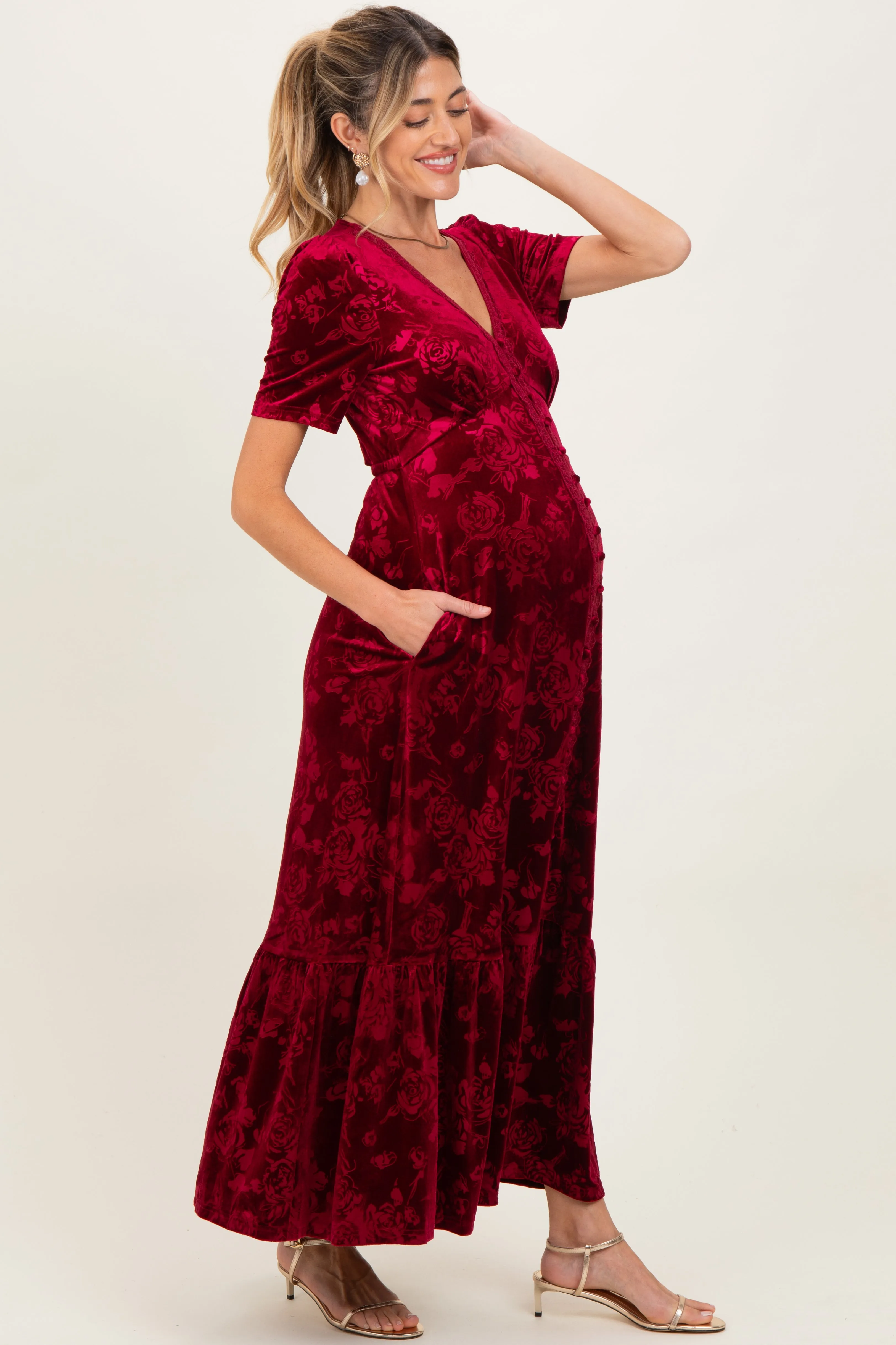 Burgundy Velvet Floral Button Down Maternity Maxi Dress sold by Pinkblush product image thumbnail 3