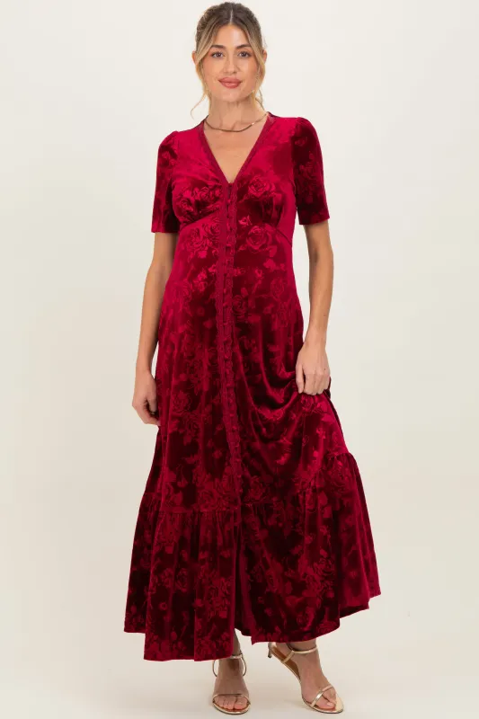 Burgundy Velvet Floral Button Down Maternity Maxi Dress sold by Pinkblush