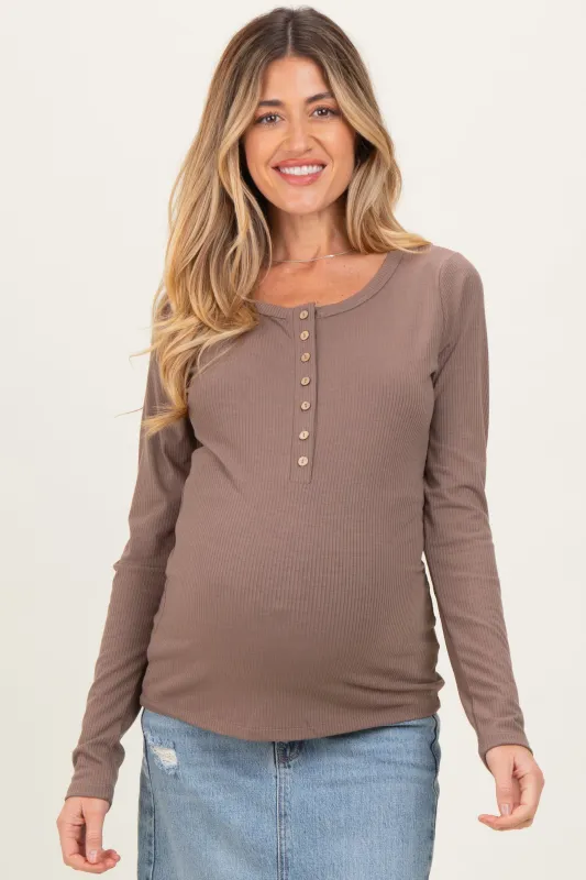 Mocha Solid Ribbed Long Sleeve Button Down Maternity Tunic Top sold by Pinkblush