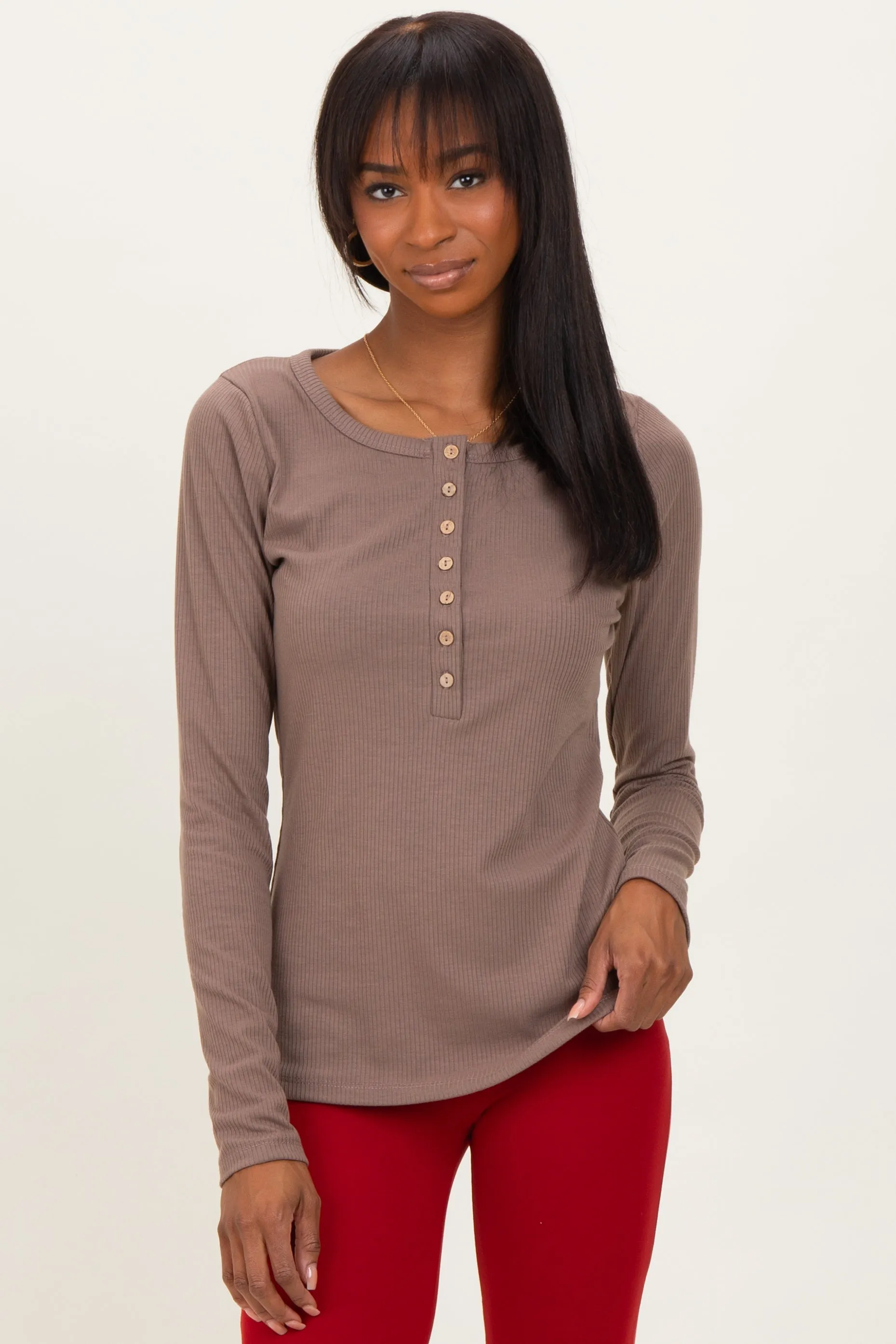 Mocha Solid Ribbed Long Sleeve Button Down Maternity Tunic Top sold by Pinkblush product image thumbnail 5