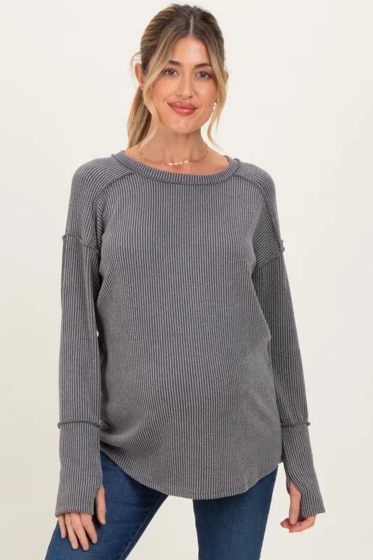 Charcoal Textured Rib Thumb Hole Maternity Long Sleeve Top sold by Pinkblush