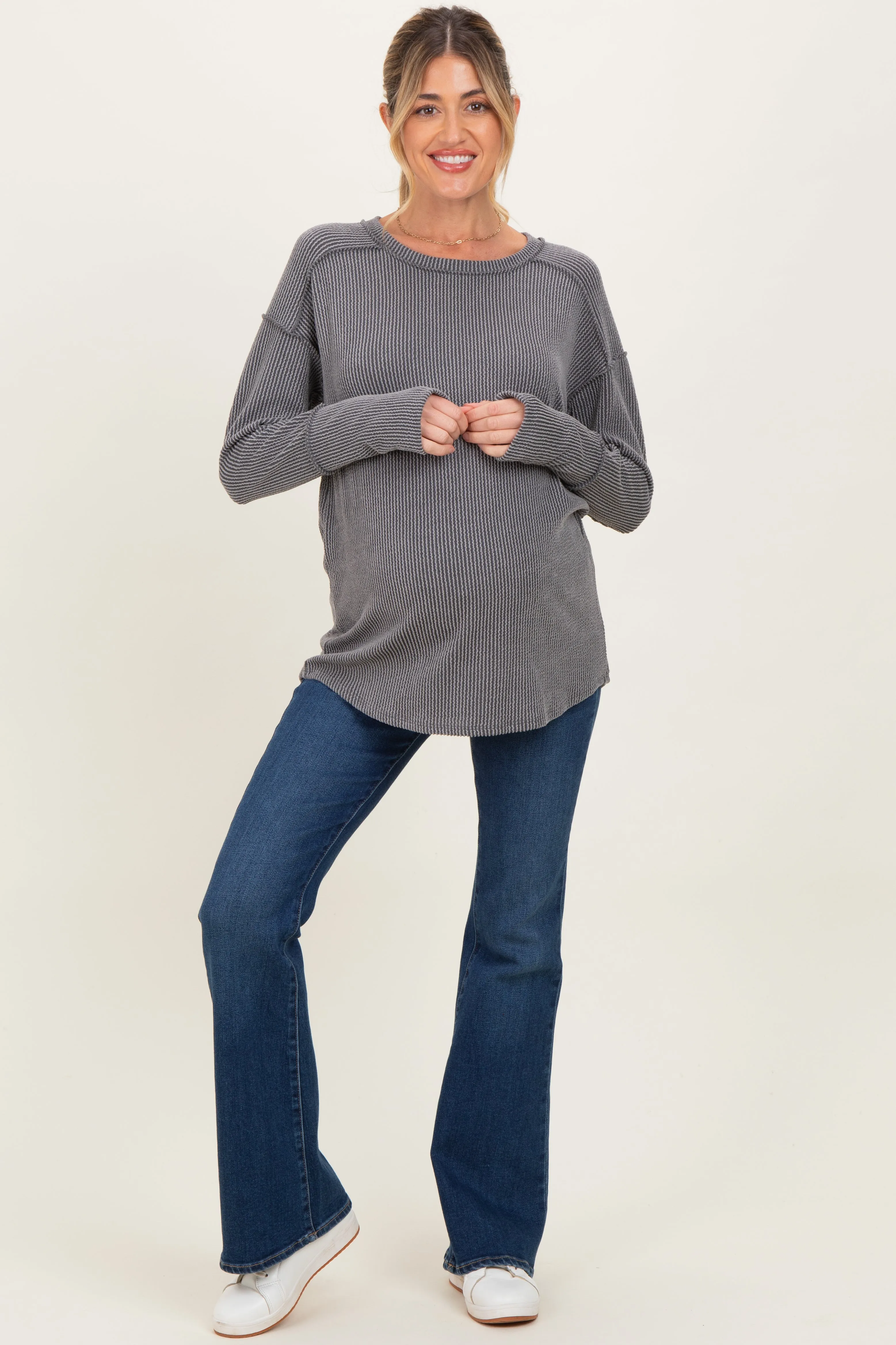 Charcoal Textured Rib Thumb Hole Maternity Long Sleeve Top sold by Pinkblush product image thumbnail 2