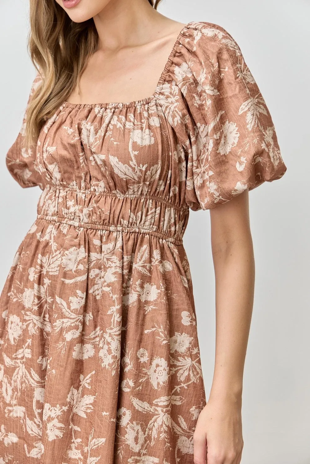Rust Floral Puff Sleeve Smocked Waist Midi Dress sold by Pinkblush product image thumbnail 4