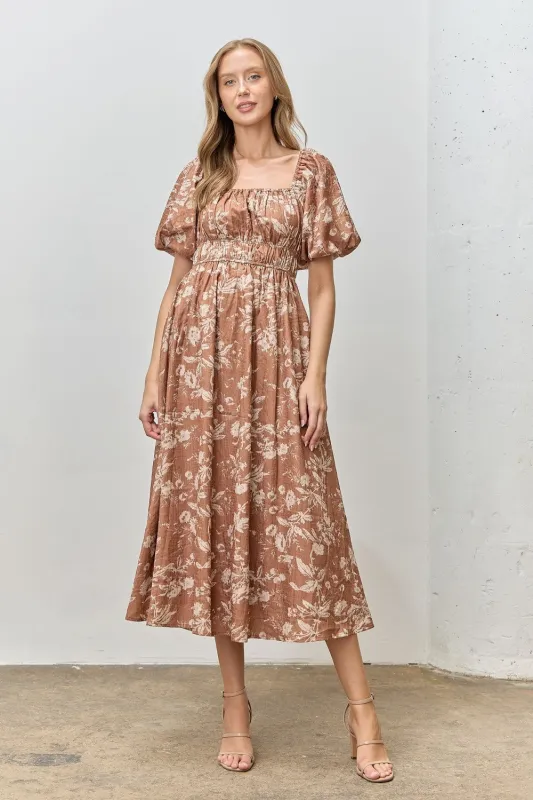 Rust Floral Puff Sleeve Smocked Waist Midi Dress sold by Pinkblush