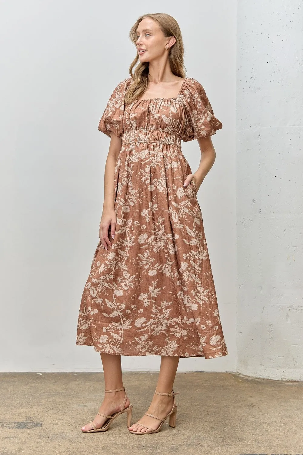 Rust Floral Puff Sleeve Smocked Waist Midi Dress sold by Pinkblush product image thumbnail 2