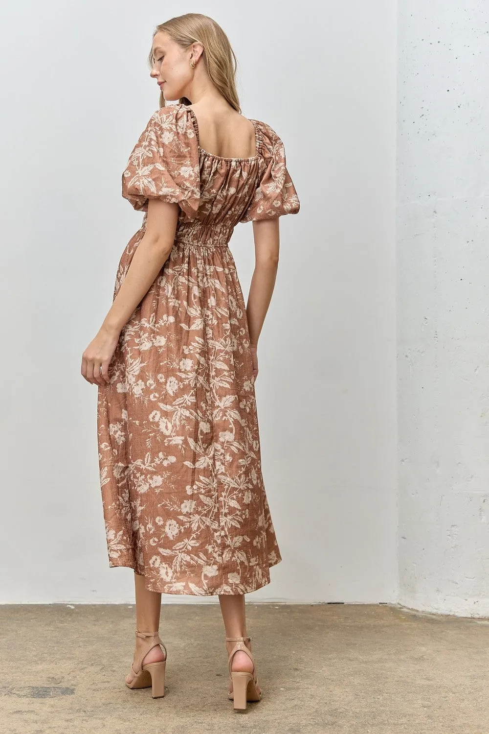 Rust Floral Puff Sleeve Smocked Waist Midi Dress sold by Pinkblush product image thumbnail 3