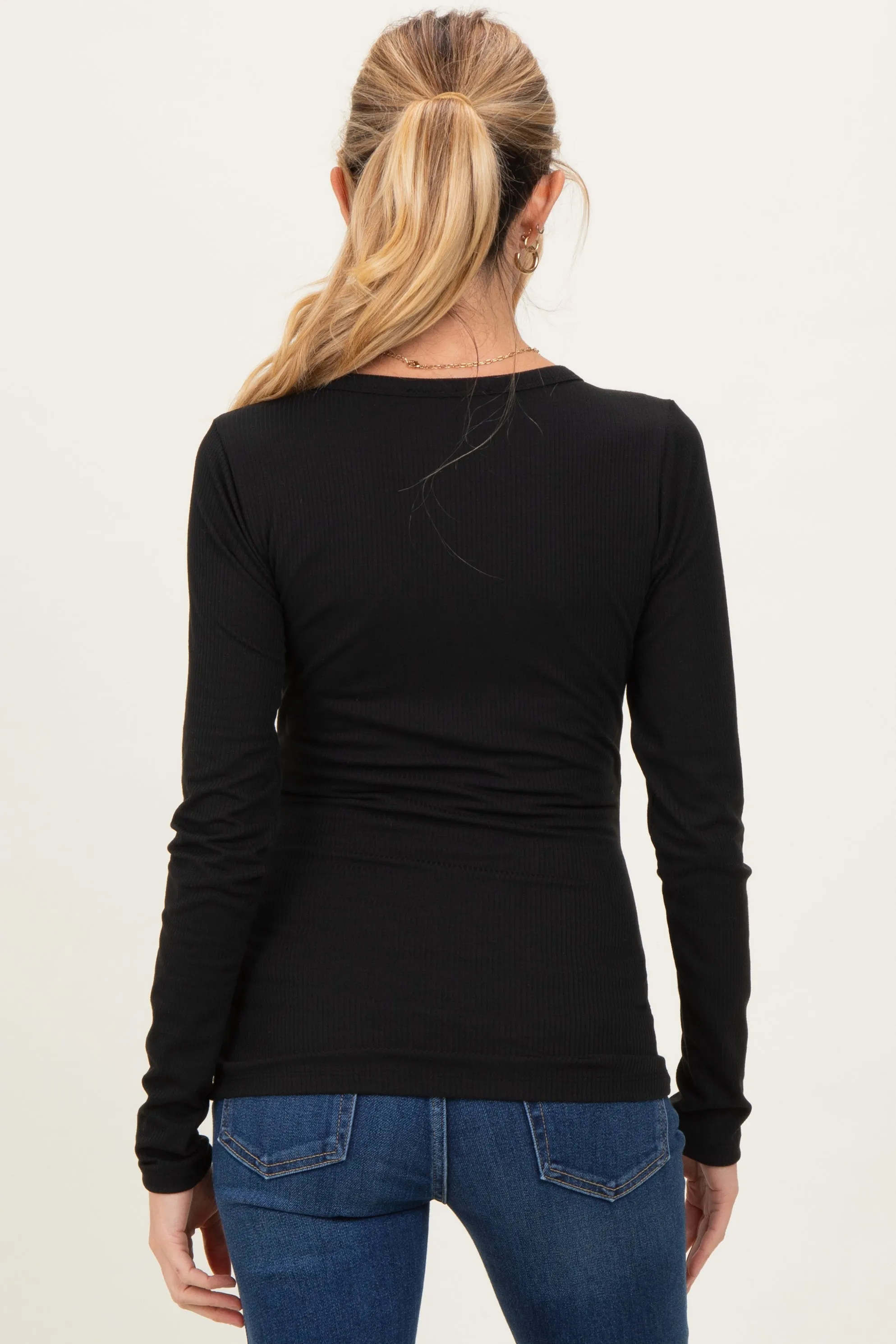 Black Solid Ribbed Long Sleeve Button Down Maternity Tunic Top sold by Pinkblush product image thumbnail 4