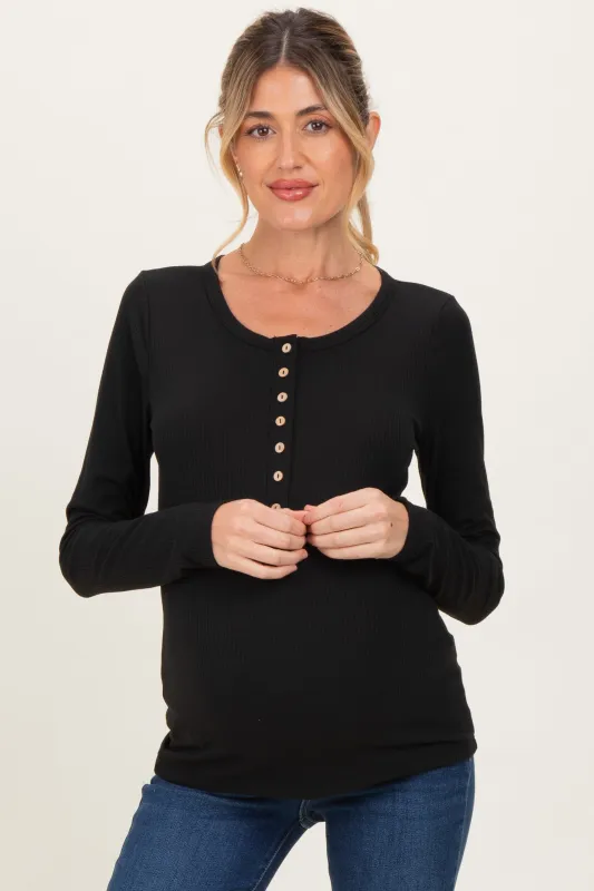 Black Solid Ribbed Long Sleeve Button Down Maternity Tunic Top sold by Pinkblush