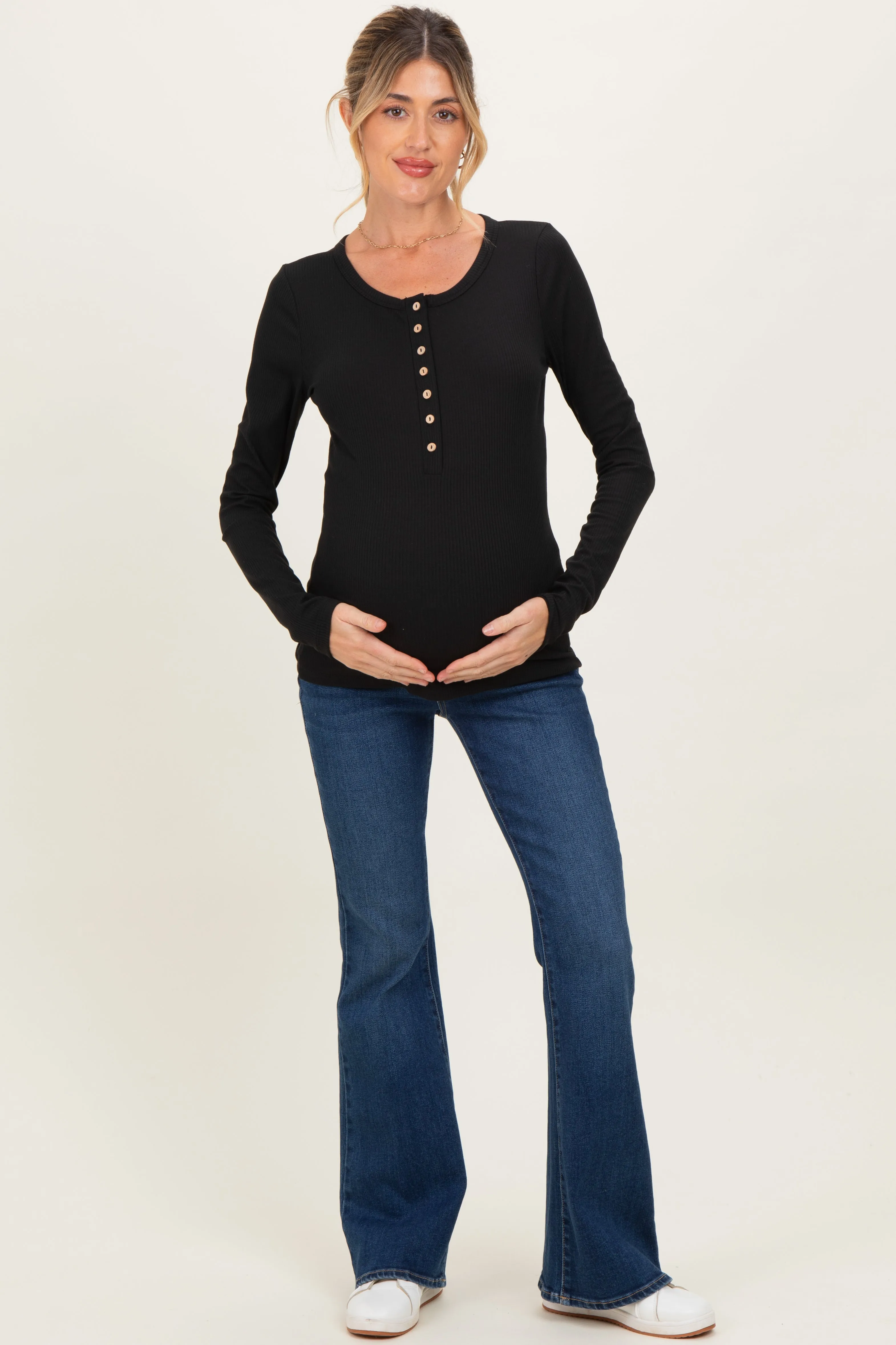 Black Solid Ribbed Long Sleeve Button Down Maternity Tunic Top sold by Pinkblush product image thumbnail 2
