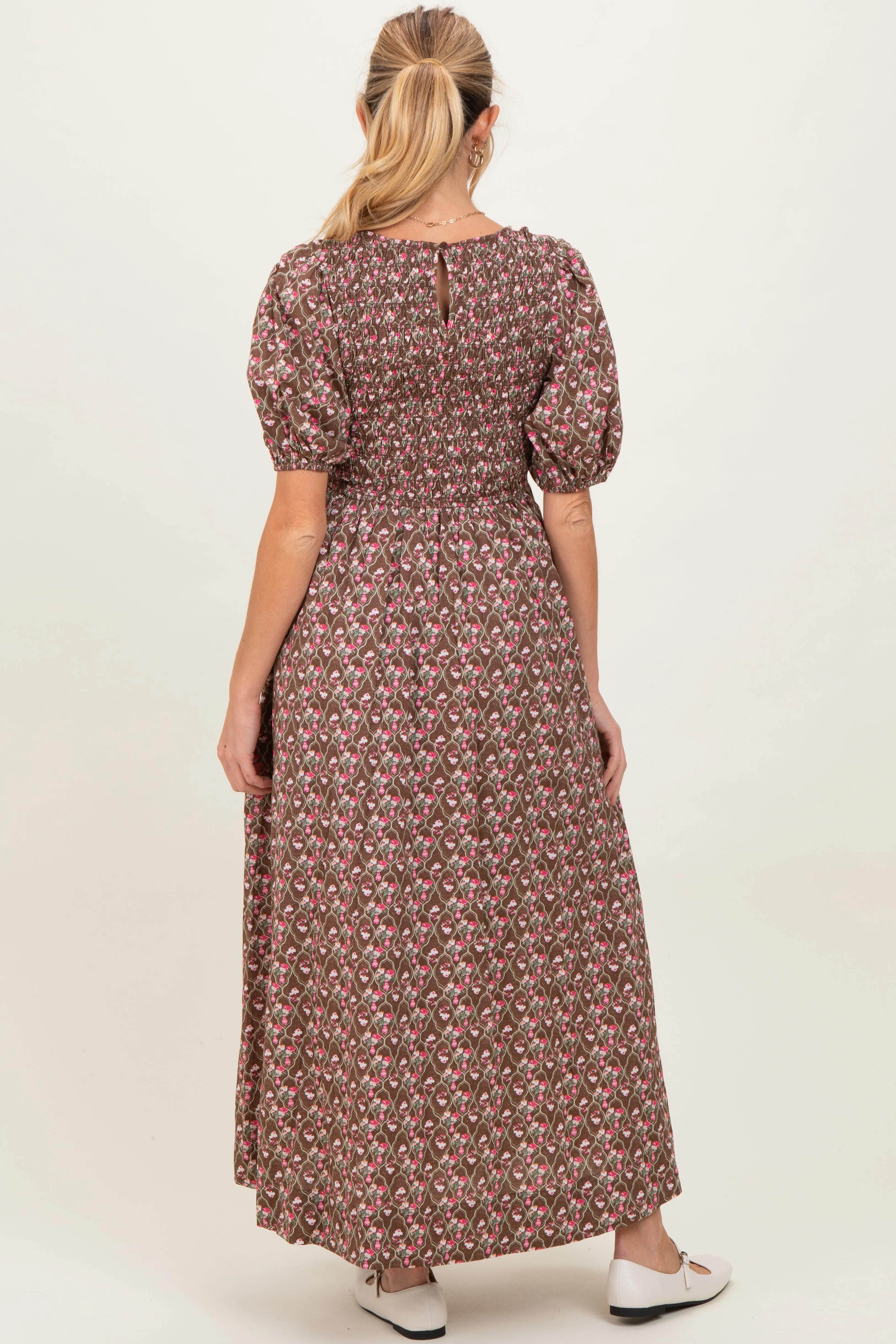 Mocha Floral Smocked Puff Sleeve Maternity Maxi Dress sold by Pinkblush product image thumbnail 3