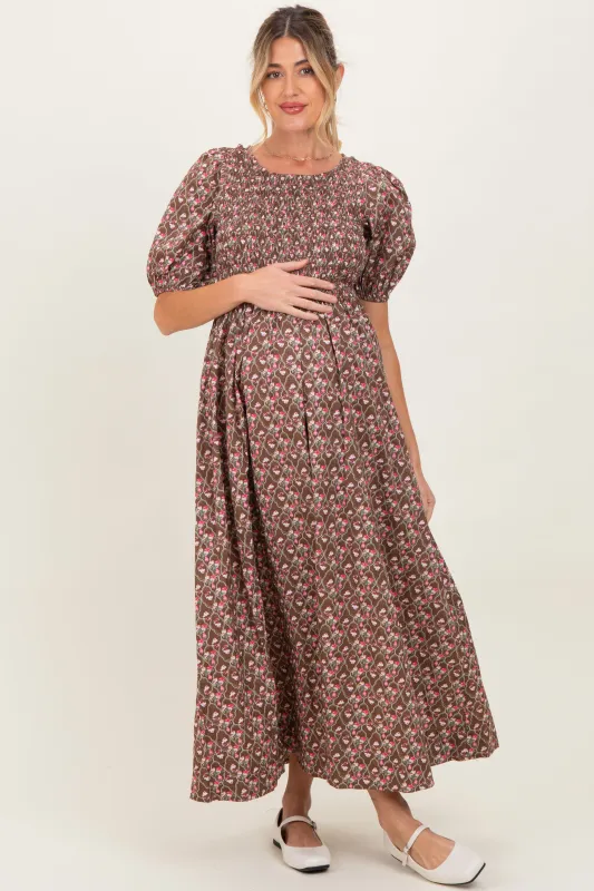 Mocha Floral Smocked Puff Sleeve Maternity Maxi Dress sold by Pinkblush