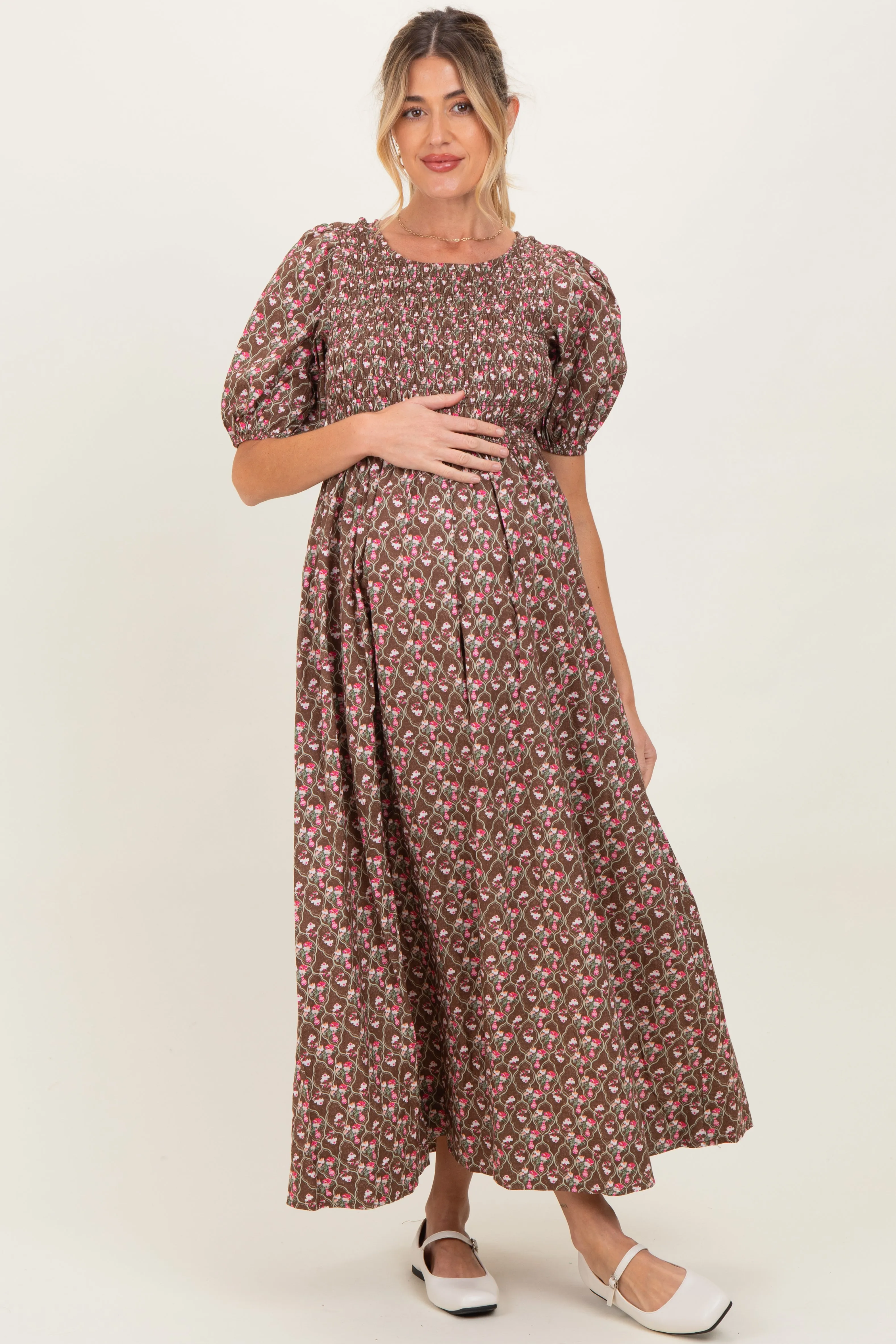 Mocha Floral Smocked Puff Sleeve Maternity Maxi Dress sold by Pinkblush