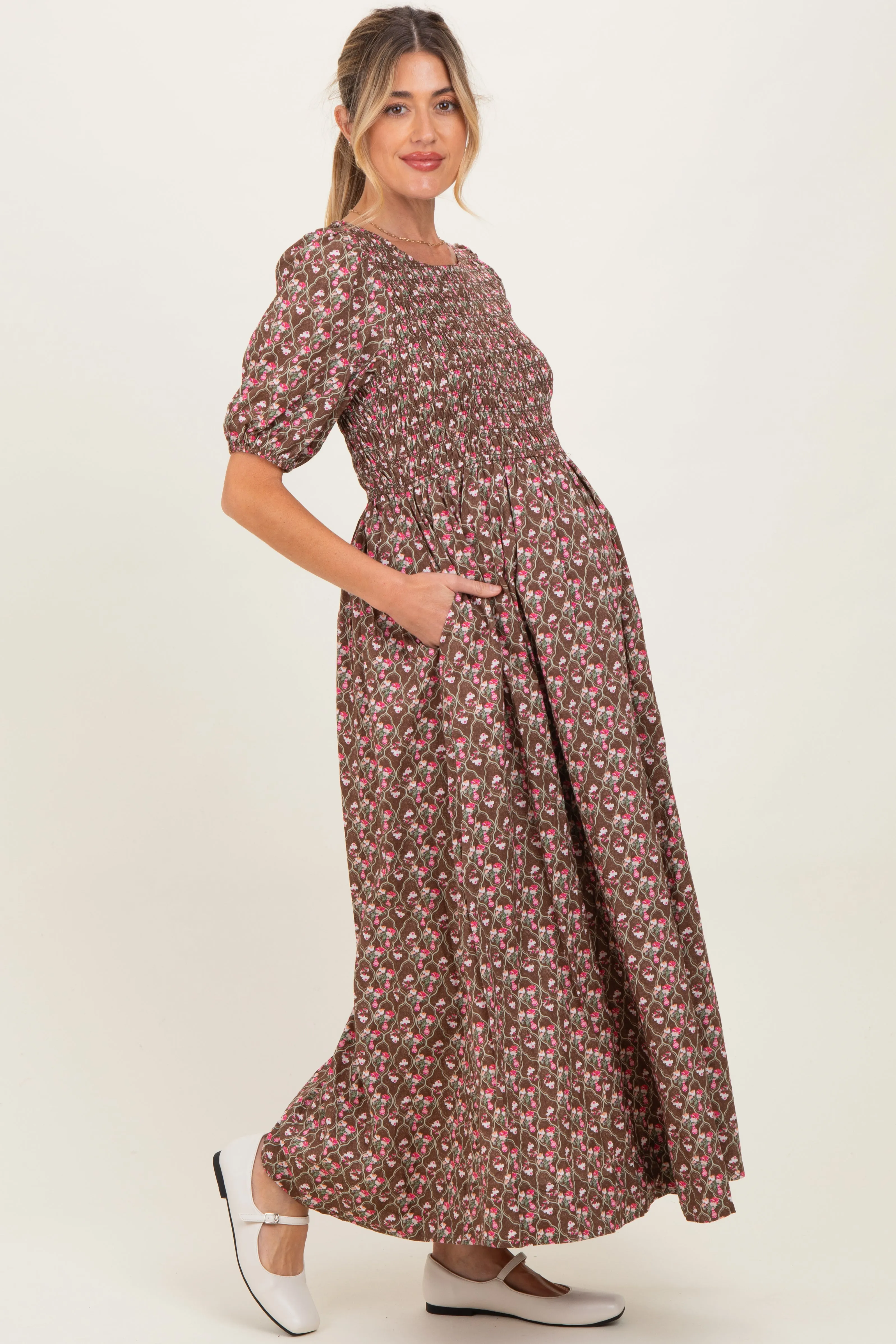 Mocha Floral Smocked Puff Sleeve Maternity Maxi Dress sold by Pinkblush product image thumbnail 2