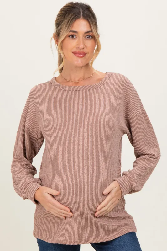 Taupe Puff Sleeve Solid Ribbed Maternity Top sold by Pinkblush