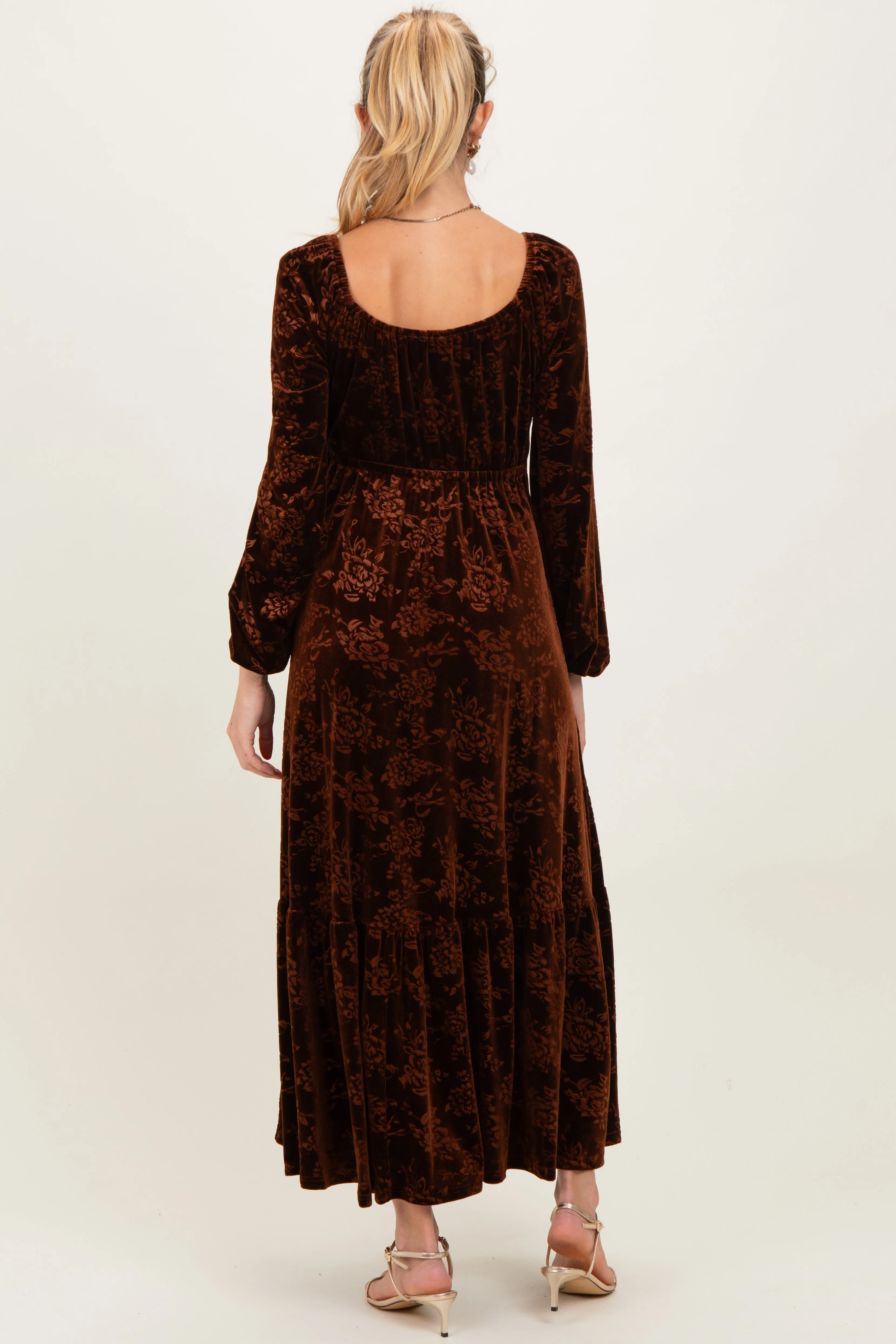 Brown Velvet Jacquard Floral Maternity Maxi Dress sold by Pinkblush product image thumbnail 4