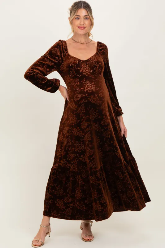 Brown Velvet Jacquard Floral Maternity Maxi Dress sold by Pinkblush