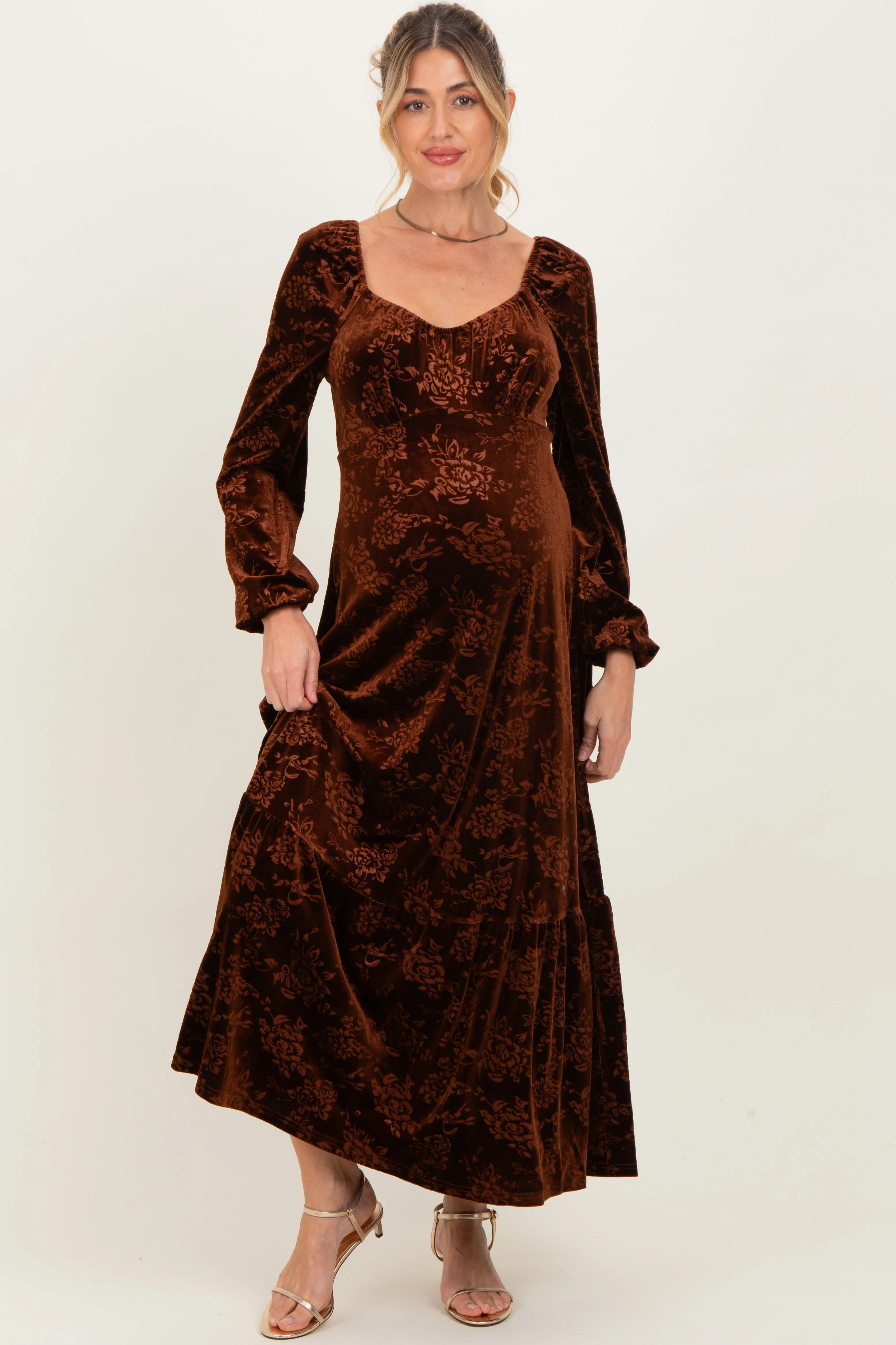 Brown Velvet Jacquard Floral Maternity Maxi Dress sold by Pinkblush product image thumbnail 2